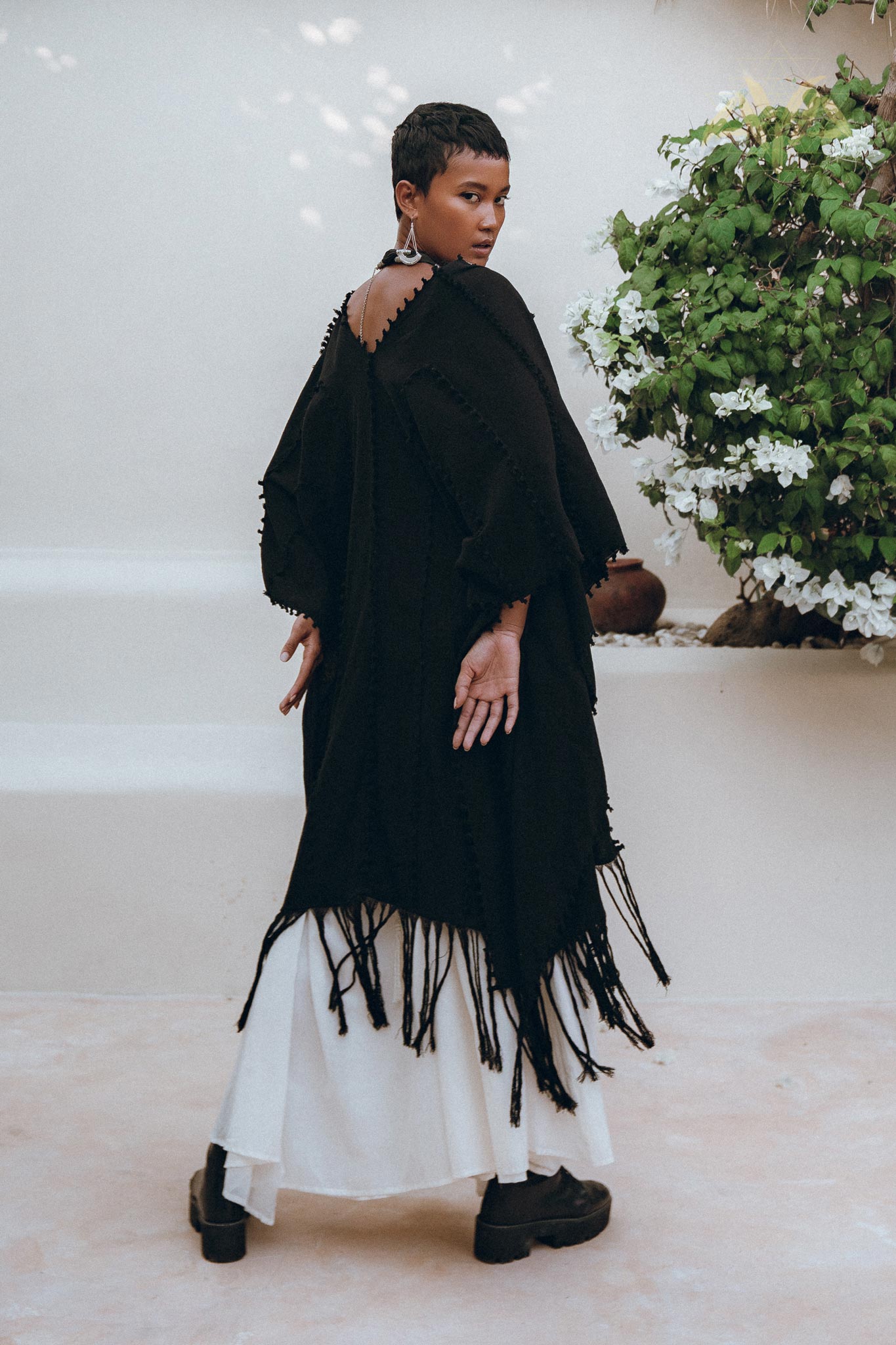 Black Poncho Robe, Boho Cape for Women, Bohemian Kimono Overcoat - AYA Sacred Wear