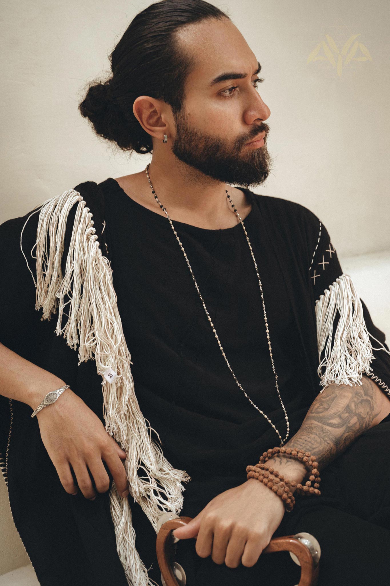 Handwoven Cotton Black Boho Poncho for men By AYA Sacred Wear