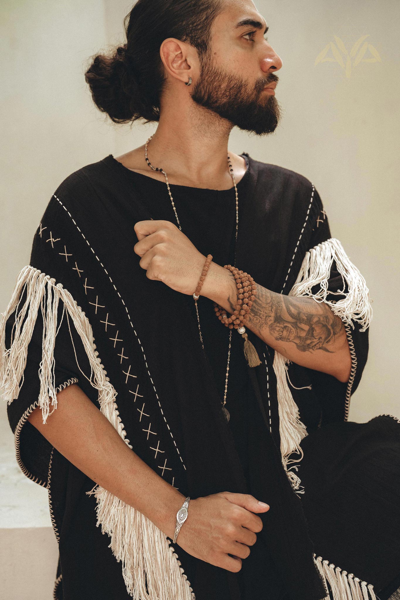 Handwoven Cotton Black Boho Poncho for men By AYA Sacred Wear
