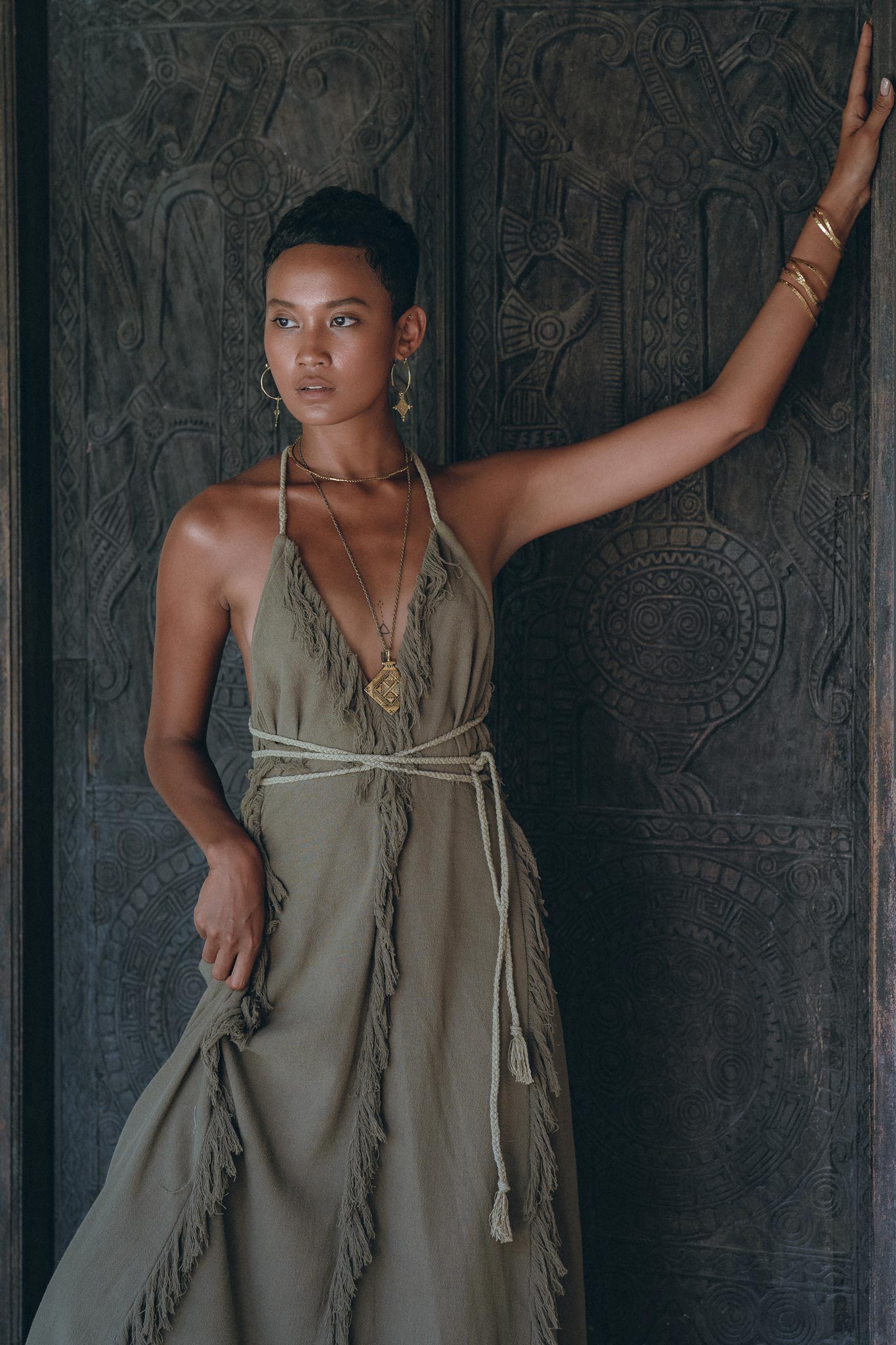 Boho Maxi Dress for Women, Organic Cotton Sage Colour Goddess Dress - AYA Sacred Wear