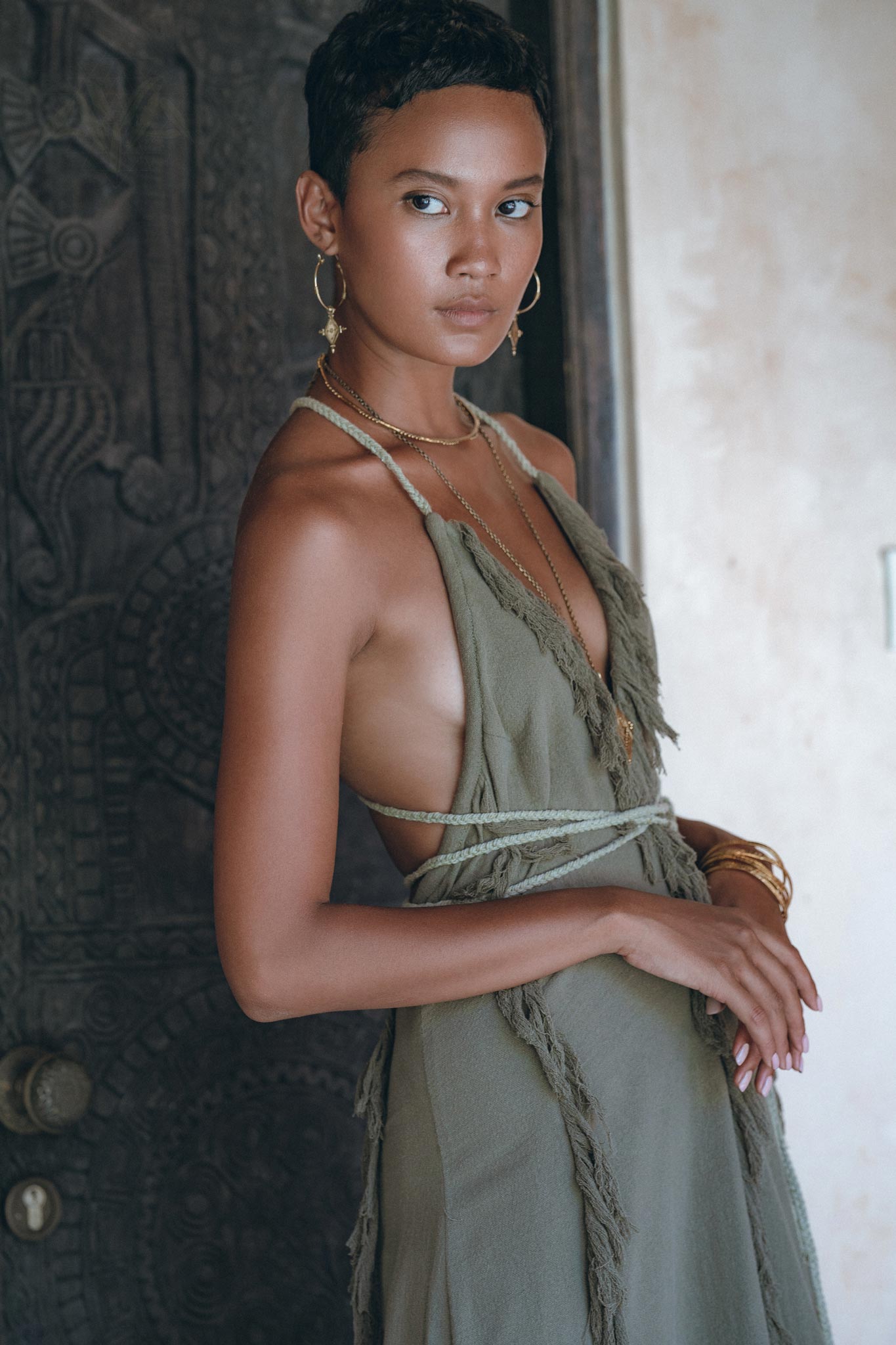 Boho Maxi Dress for Women, Organic Cotton Sage Colour Goddess Dress - AYA Sacred Wear