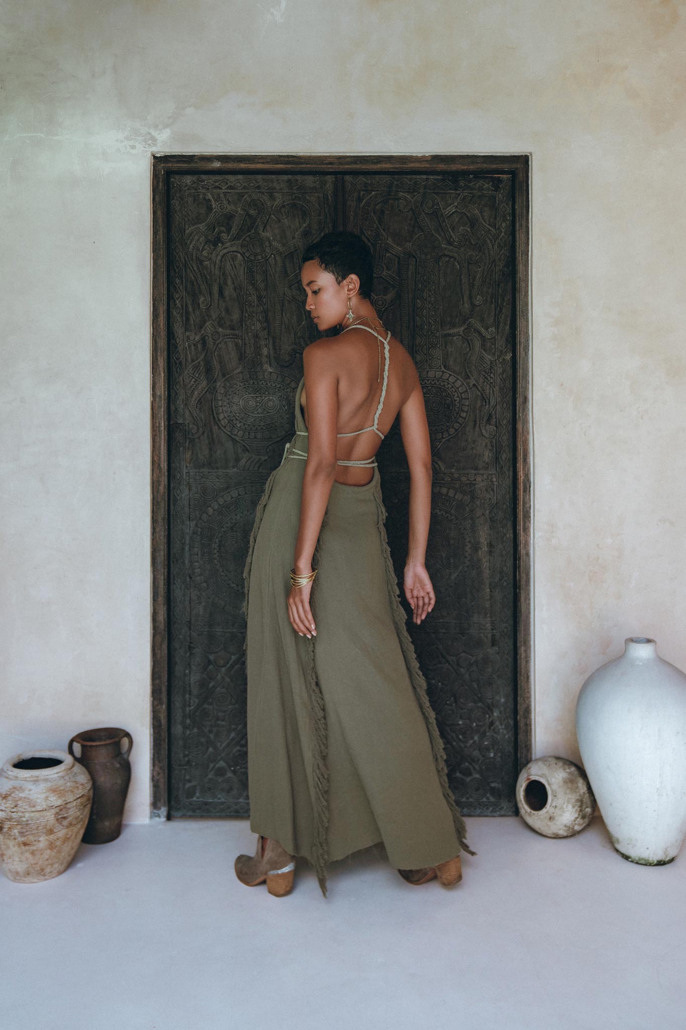 Boho Maxi Dress for Women, Organic Cotton Sage Colour Goddess Dress - AYA Sacred Wear