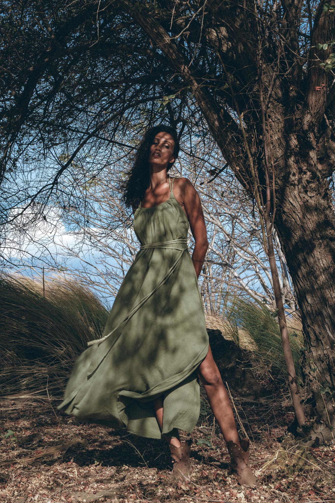 Green Organic Dress, Boho Bridesmaid Dress, Hand Loomed Bohemian Dress Open Back - AYA Sacred Wear