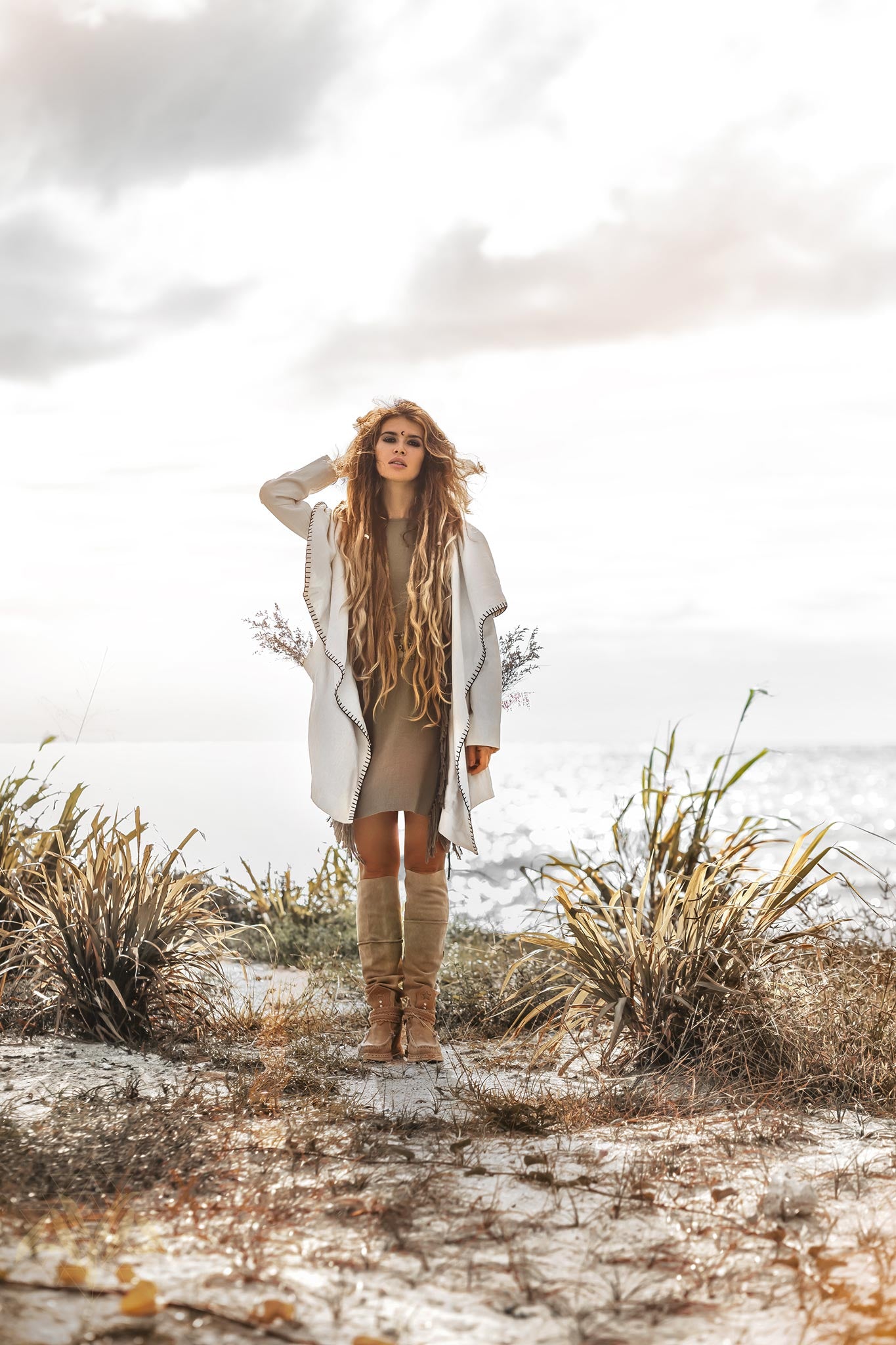 Warm Boho Hoody Cardigan for Women • Off-White Belted Wrap Cardigan by AYA Sacred Wear