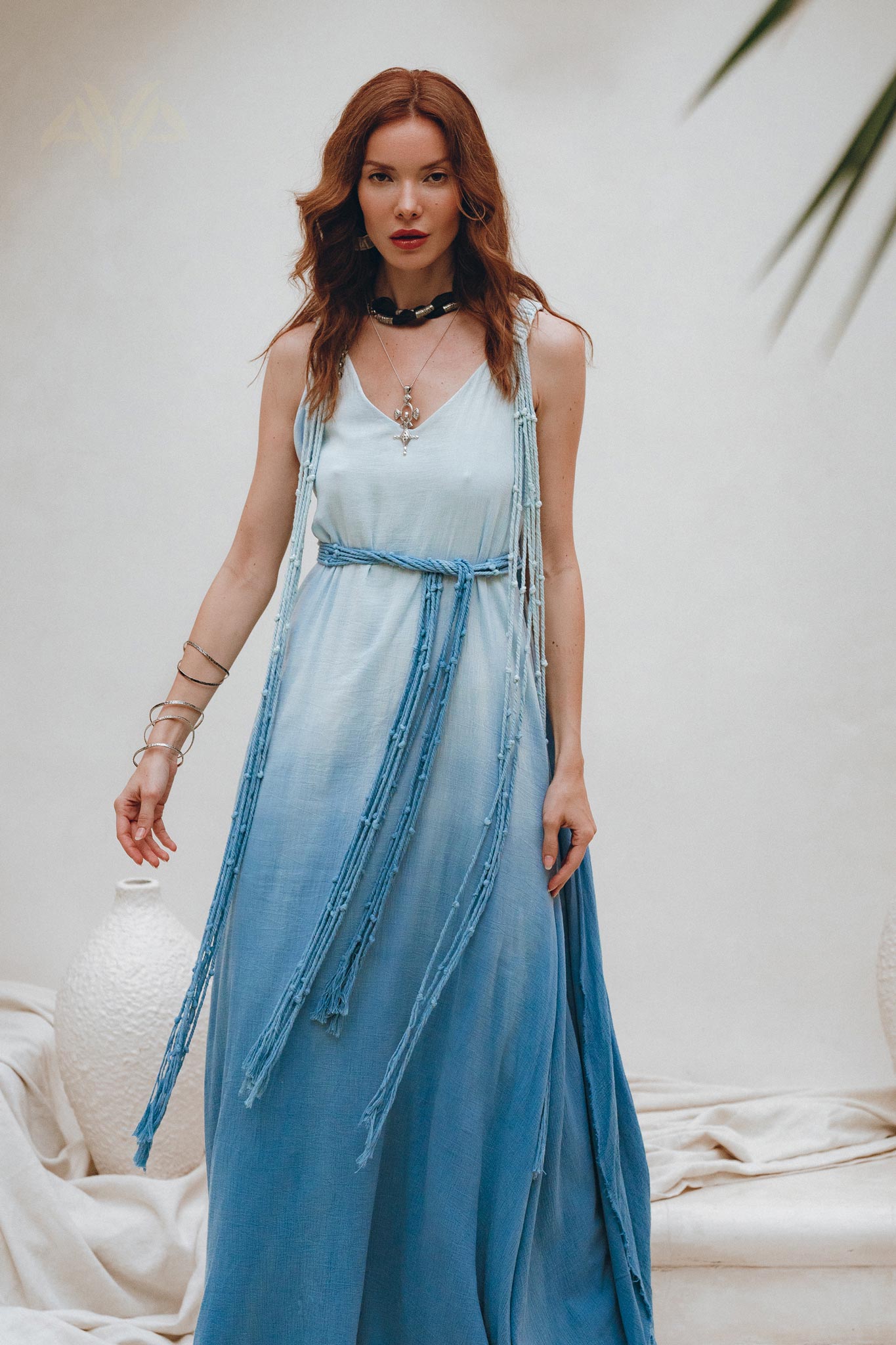 Boho Macrame Bridesmaid Dress, Off-White to Sky Blue Multiway Dress - AYA Sacred Wear