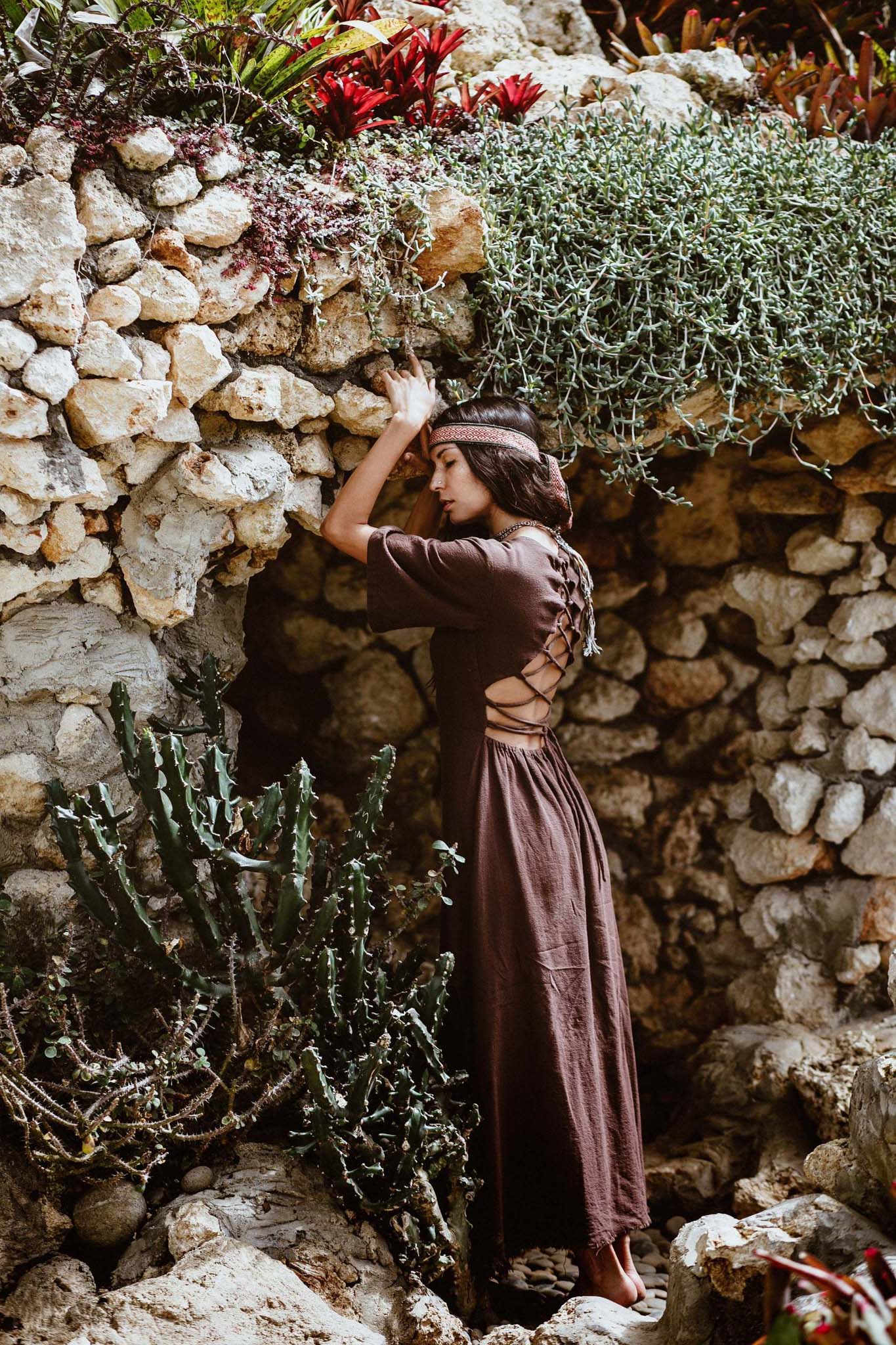 Brown Organic Cotton Boho Dress with Half Sleeves - AYA Sacred Wear