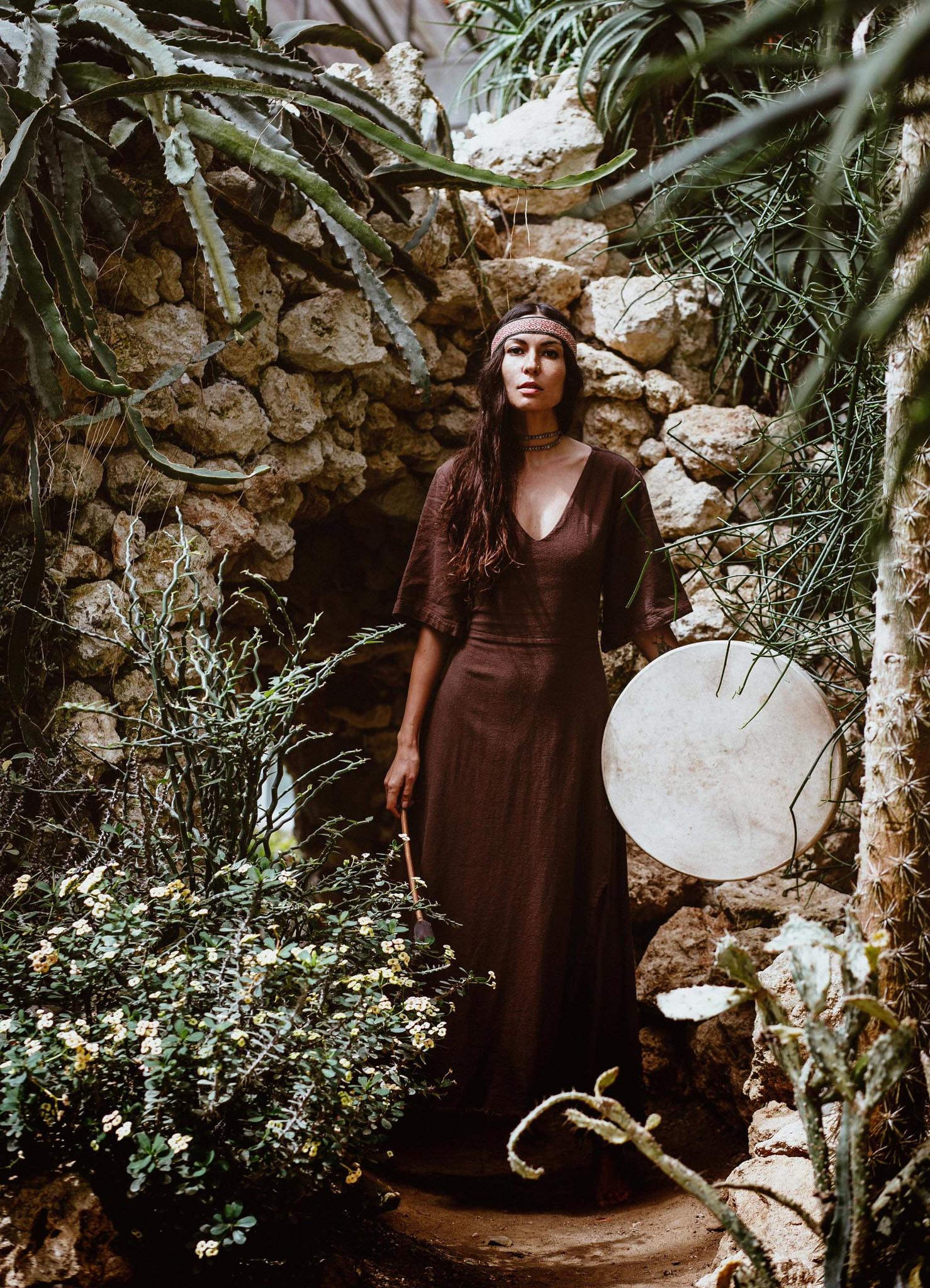 Brown Organic Cotton Boho Dress with Half Sleeves - AYA Sacred Wear