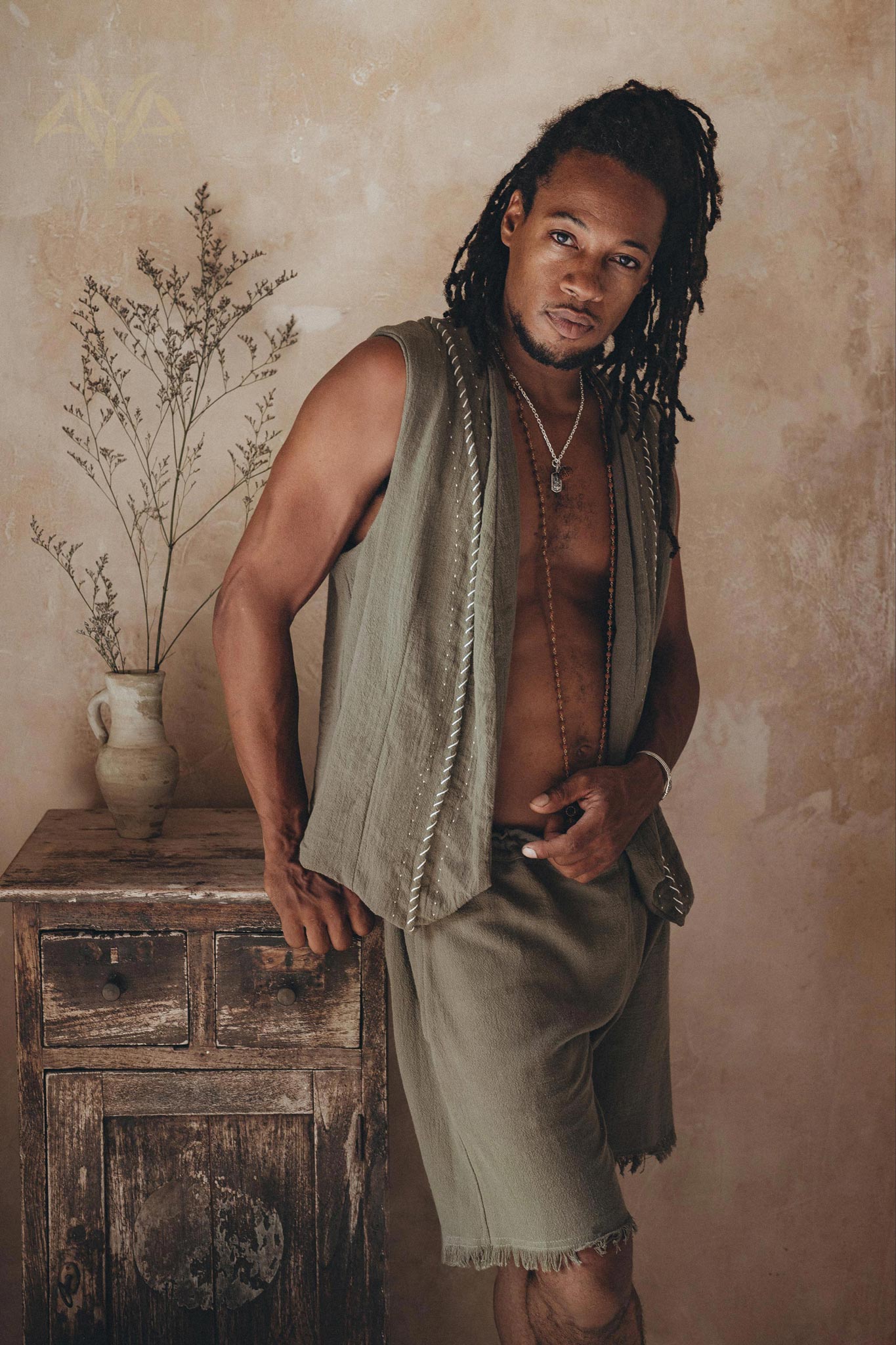 Dark Sage Green Hand Embroidered Vest for Men by AYA Sacred Wear