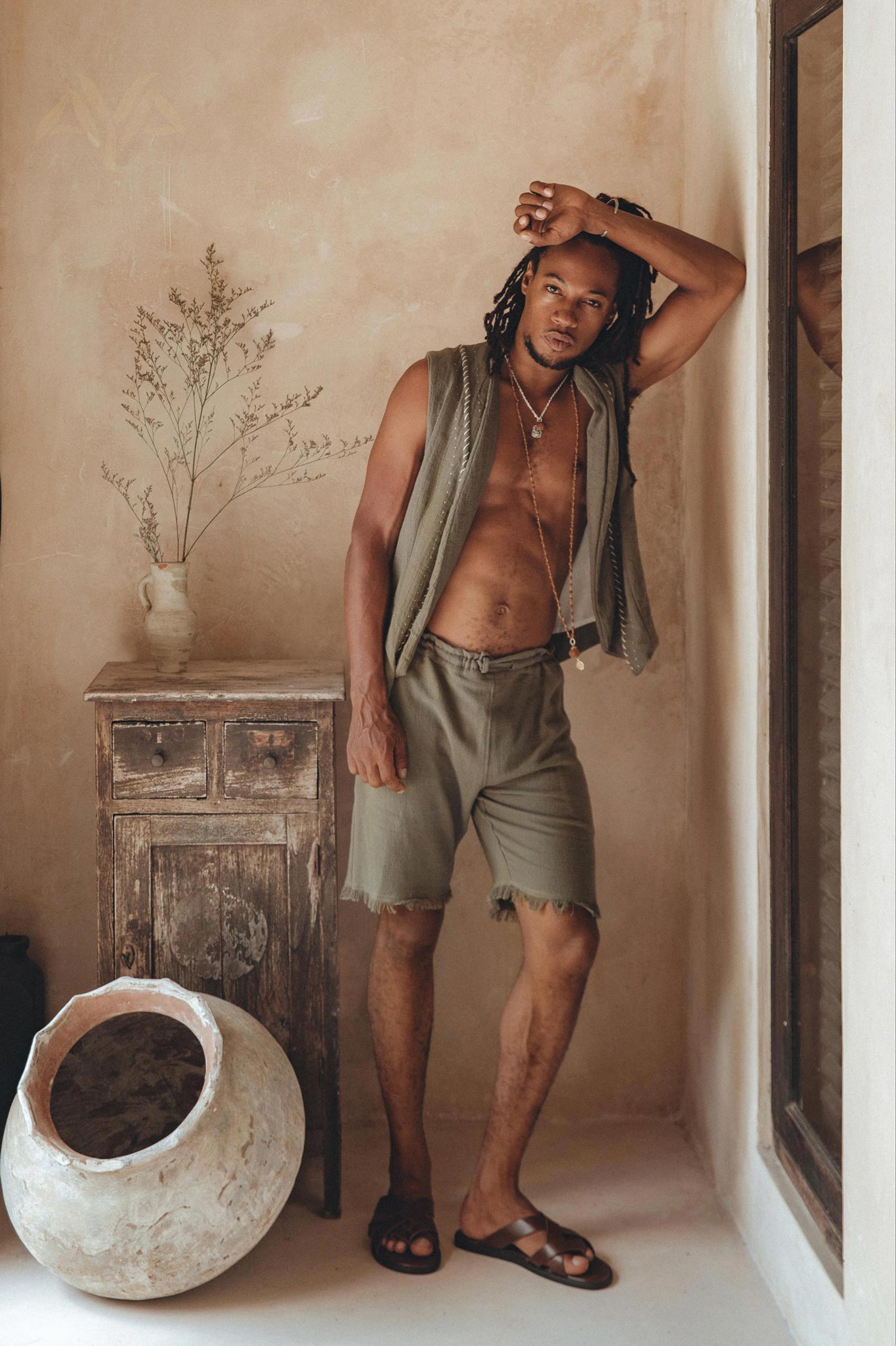 Dark Sage Green Hand Embroidered Vest for Men by AYA Sacred Wear