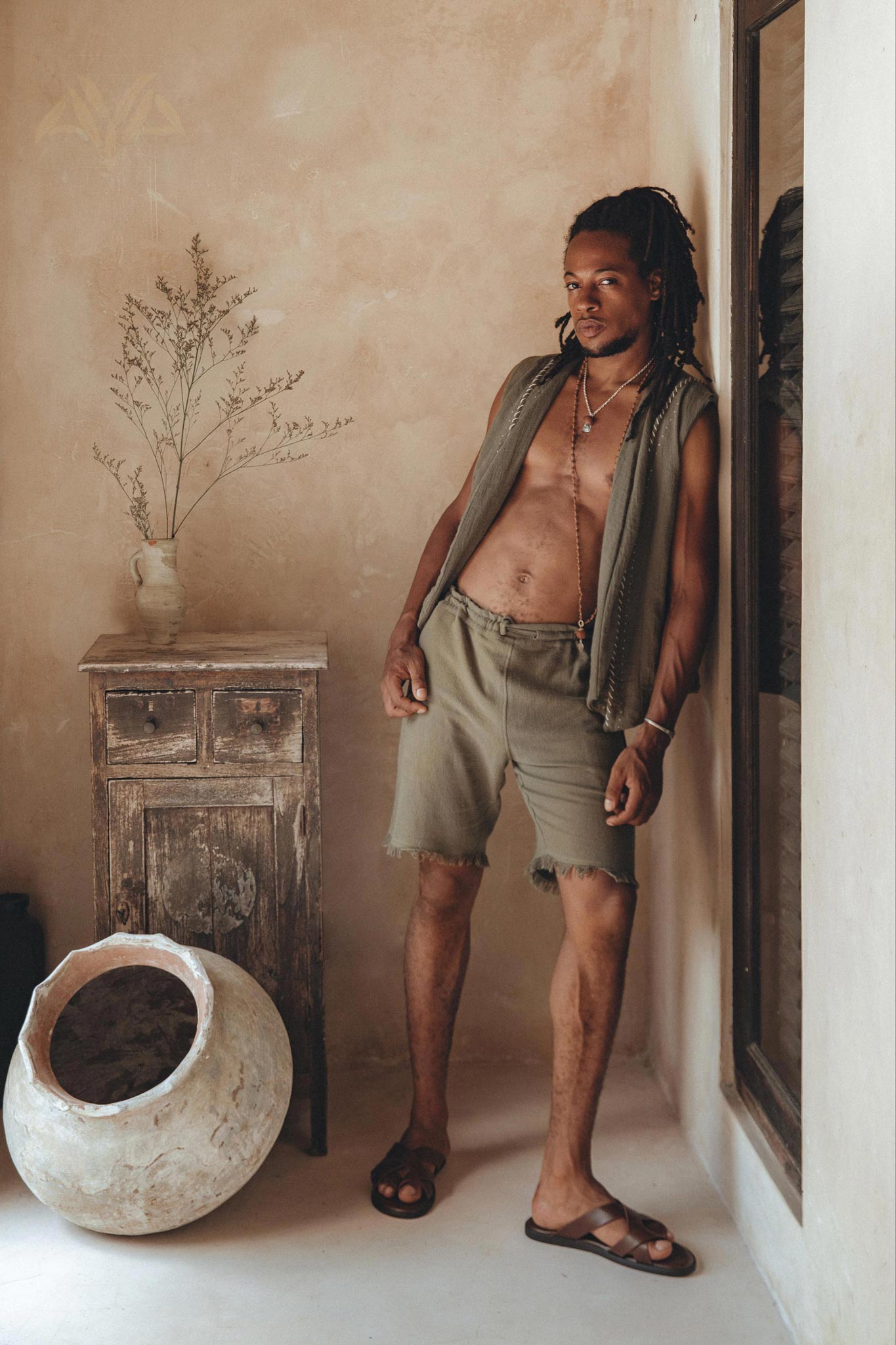 Dark Sage Green Hand Embroidered Vest for Men by AYA Sacred Wear