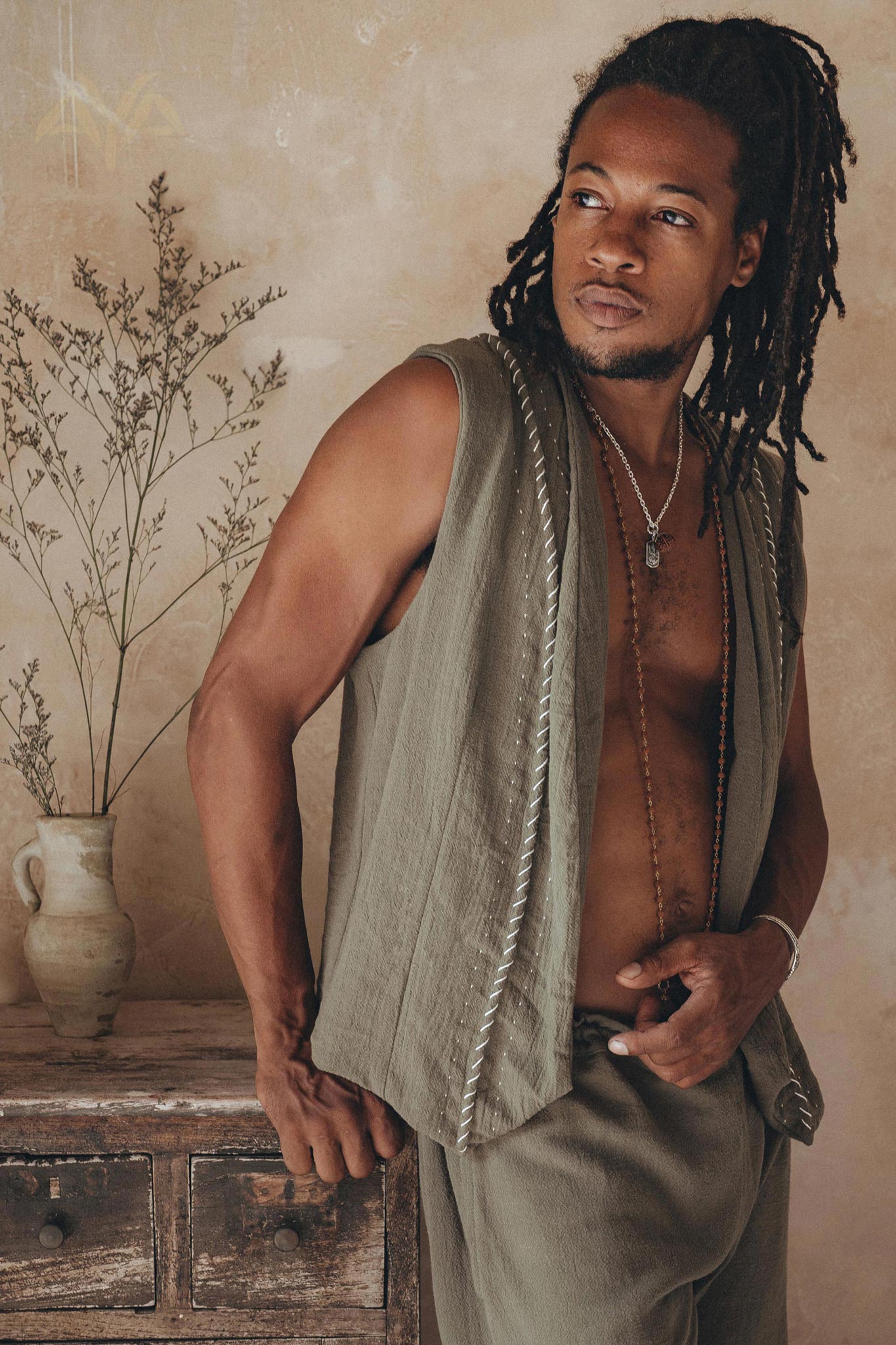 Dark Sage Green Hand Embroidered Vest for Men by AYA Sacred Wear
