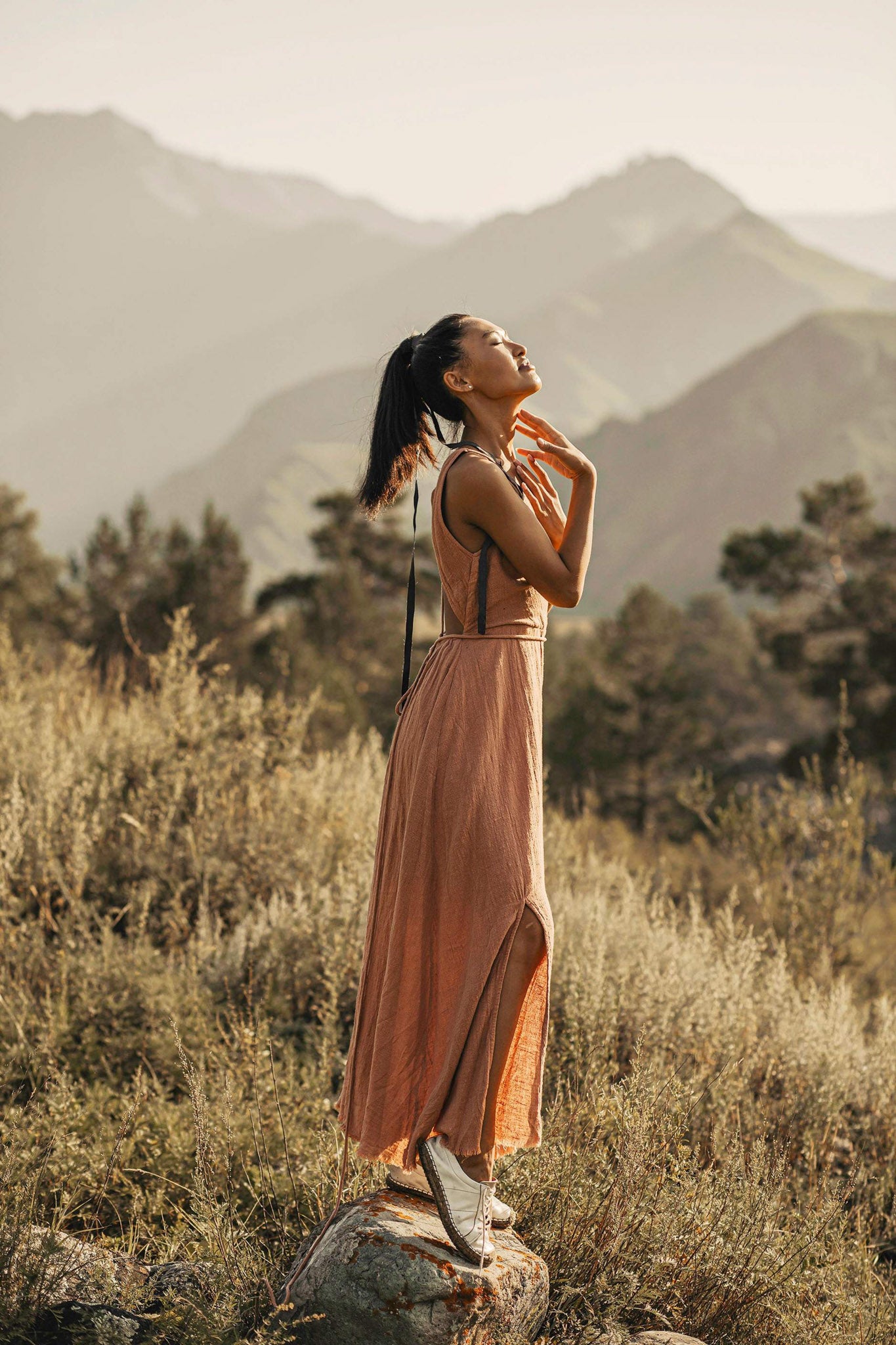 Dusty Pink Boho Bridesmaid Dress, Open Back Elegant Dress - AYA Sacred Wear
