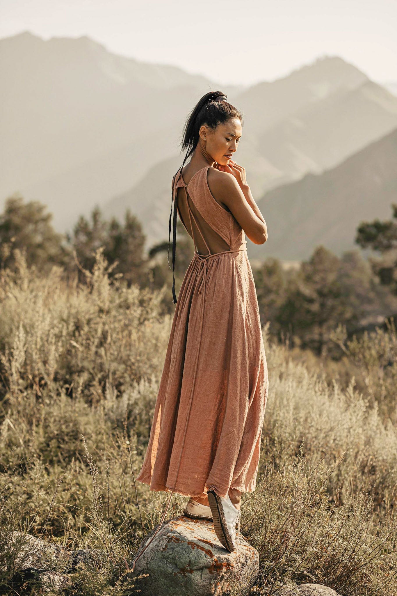 Dusty Pink Boho Bridesmaid Dress, Open Back Elegant Dress - AYA Sacred Wear