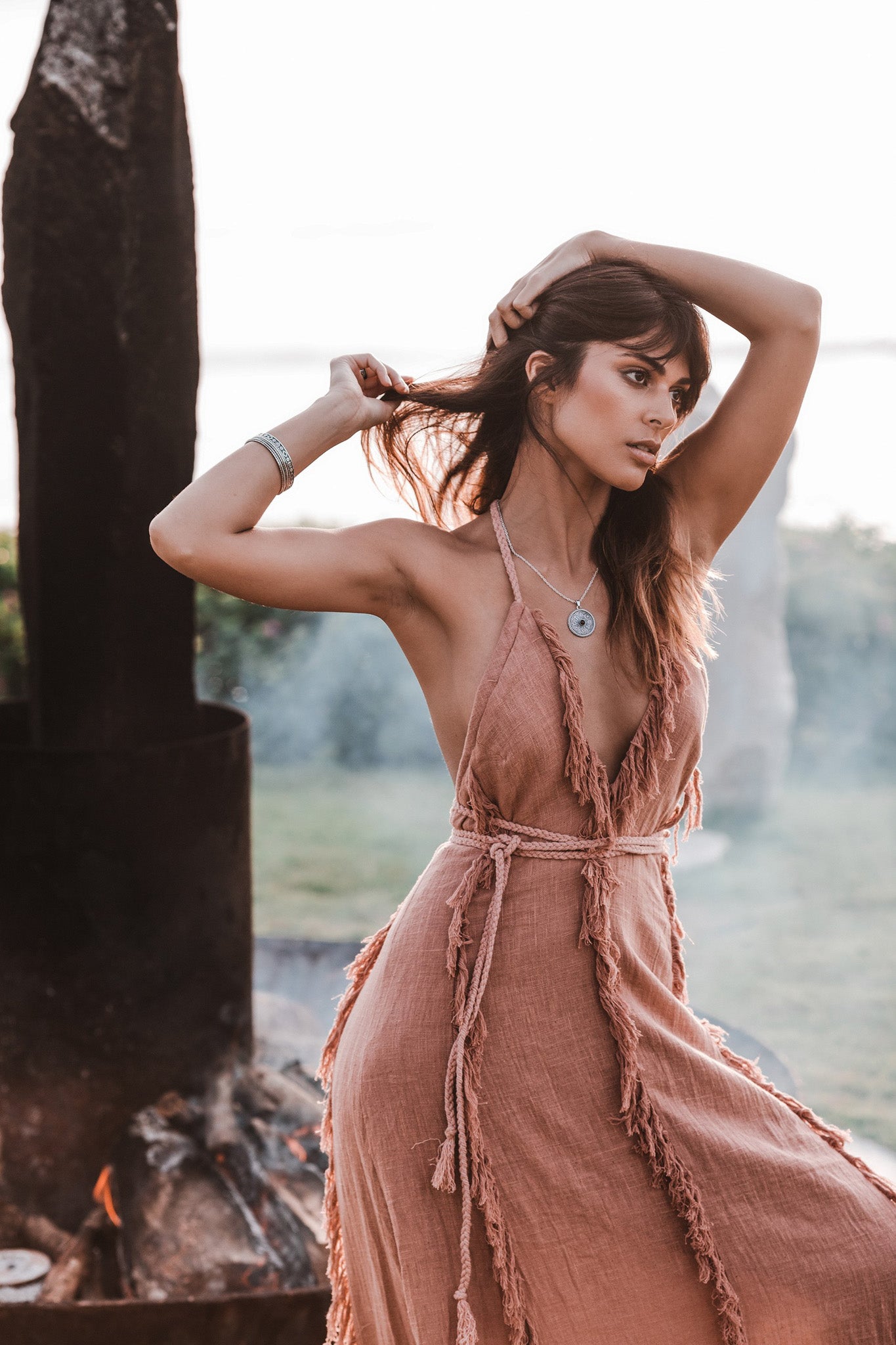 Dusty Rose Organic Boho Dress with Hand Loomed Tassels - AYA Sacred Wear