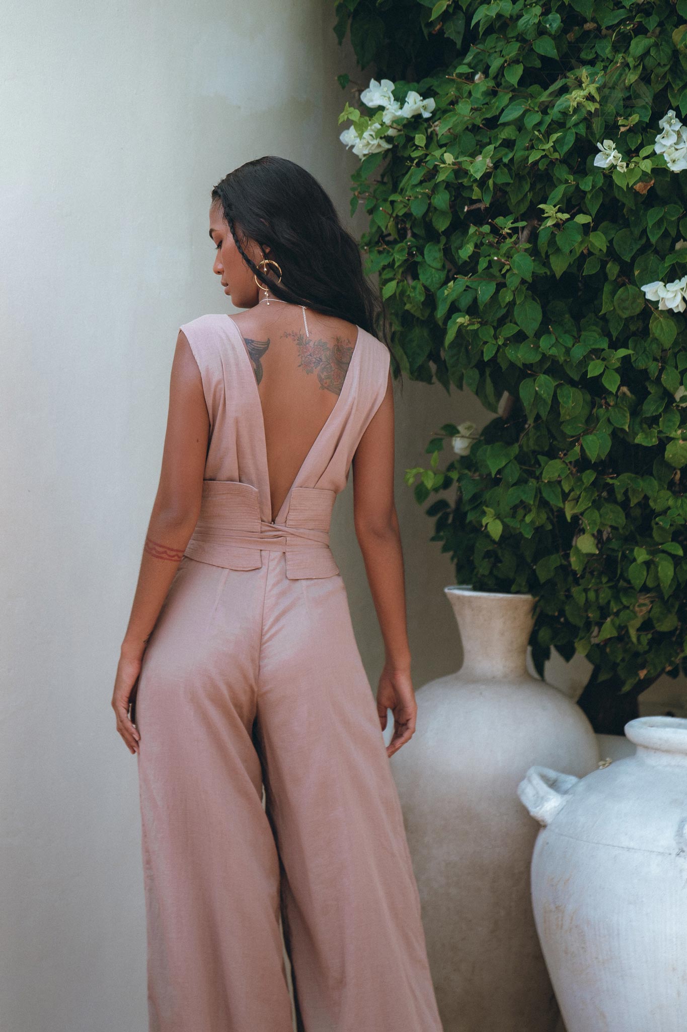 Dusty Pink Braided Overalls, Boho Cold Shoulder Maxi Jumpsuit Women - AYA Sacred Wear
