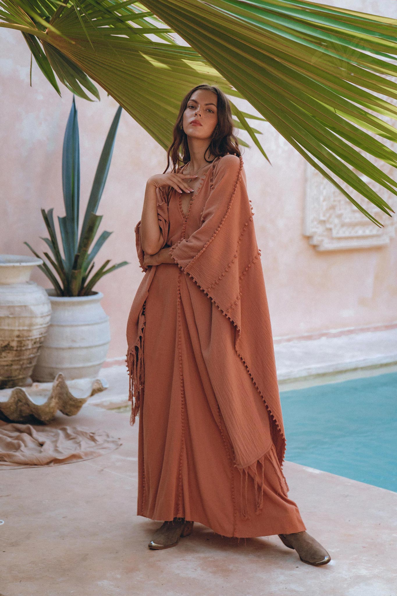 Dusty Pink Poncho Robe, Bridal Cover Up Women, Bohemian Kimono Overcoat - AYA Sacred Wear