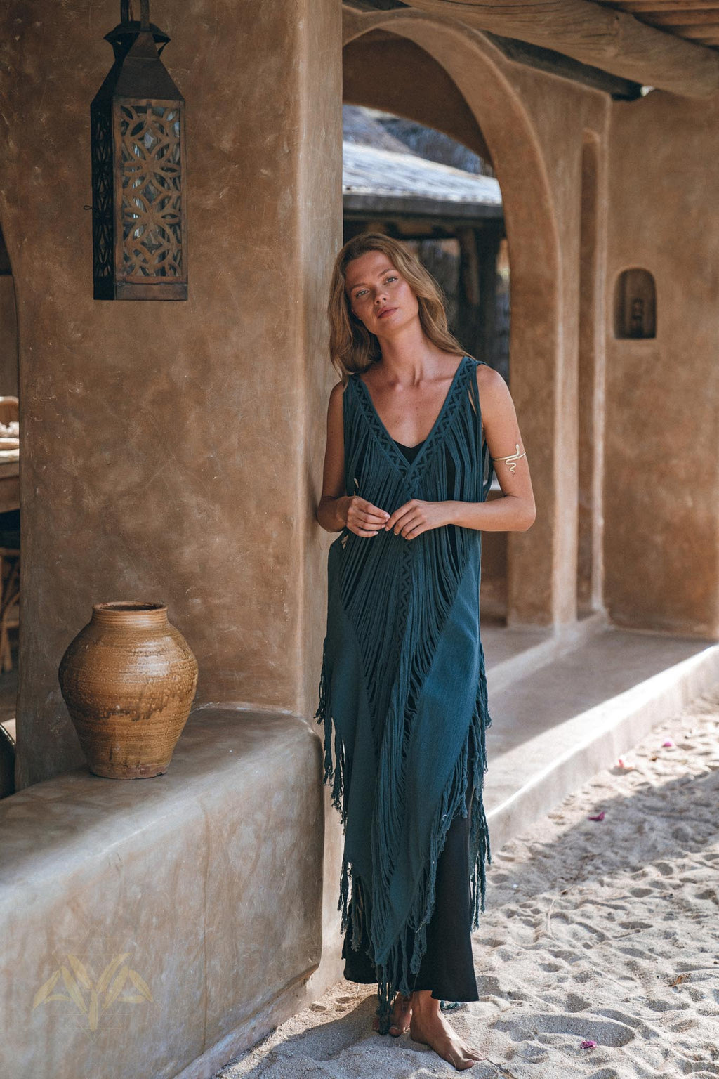 Make a statement in this Navy Blue long maxi dress with tribal raw cotton cover-up to spice up your look.