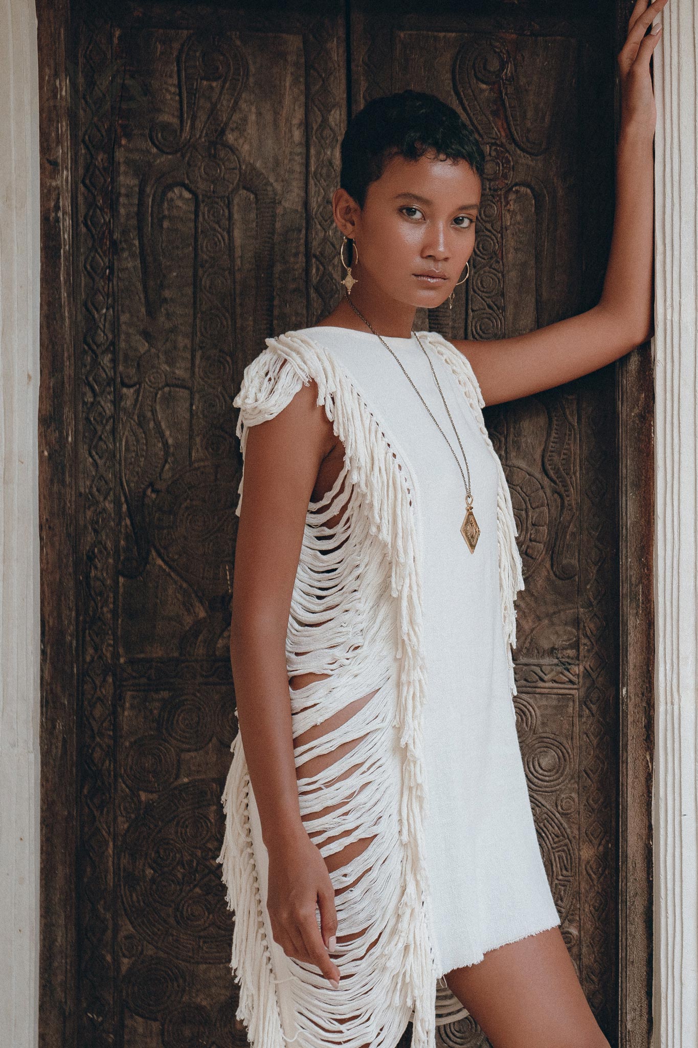 Off-White Mini Dress, Sleeveless Open Sides Dress, Ladders Sides Dress - AYA Sacred Wear