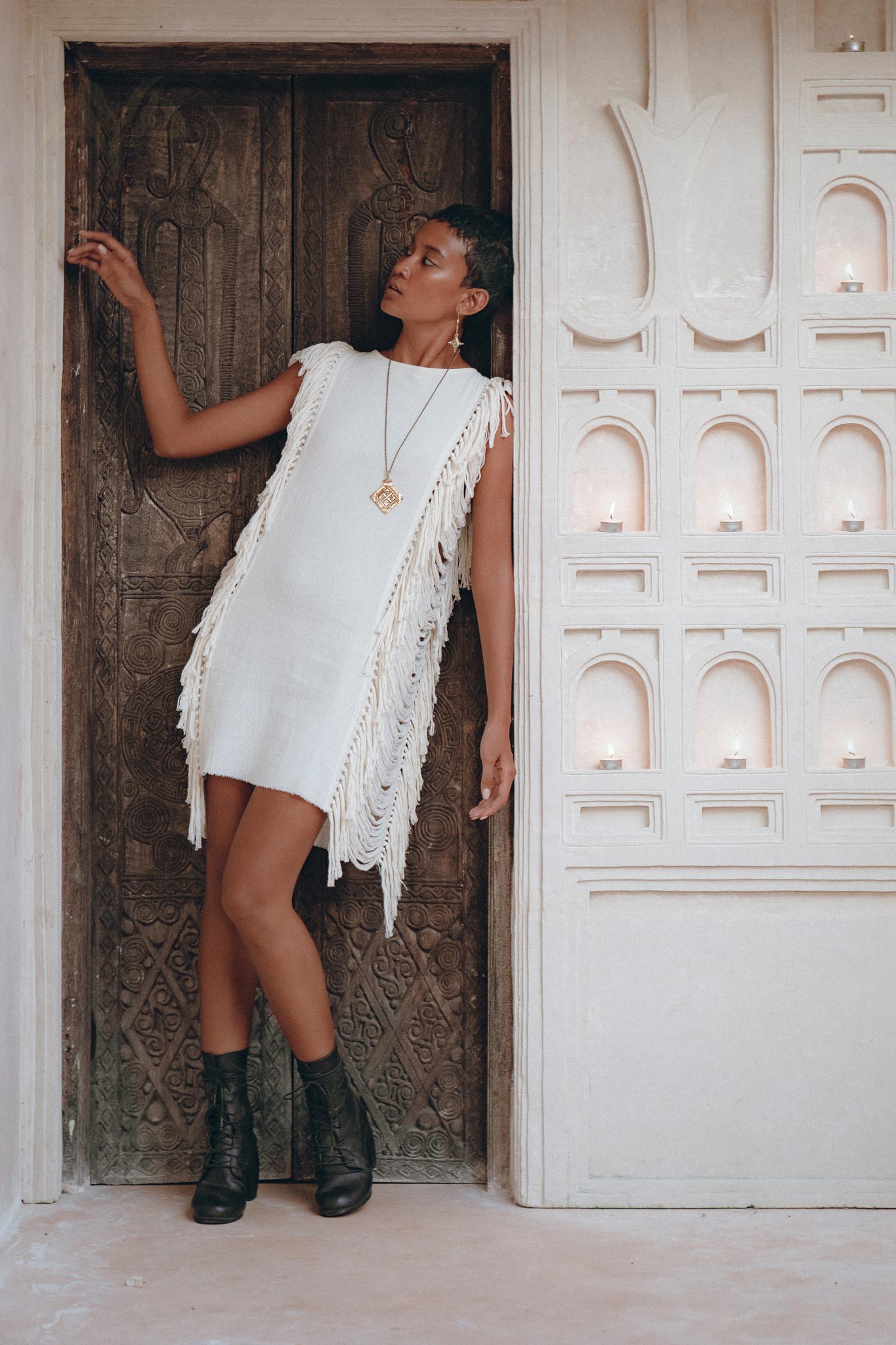 Off-White Mini Dress, Sleeveless Open Sides Dress, Ladders Sides Dress - AYA Sacred Wear
