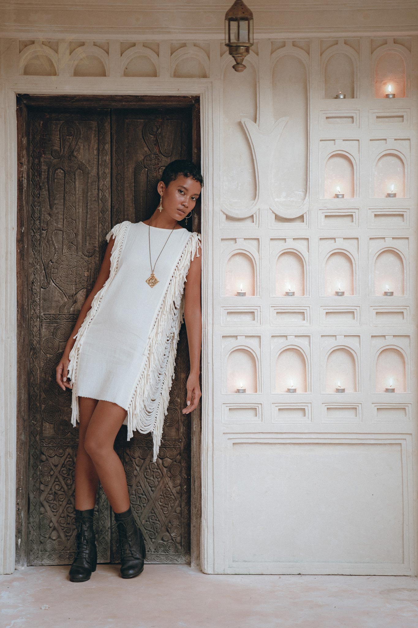 Off-White Mini Dress, Sleeveless Open Sides Dress, Ladders Sides Dress - AYA Sacred Wear