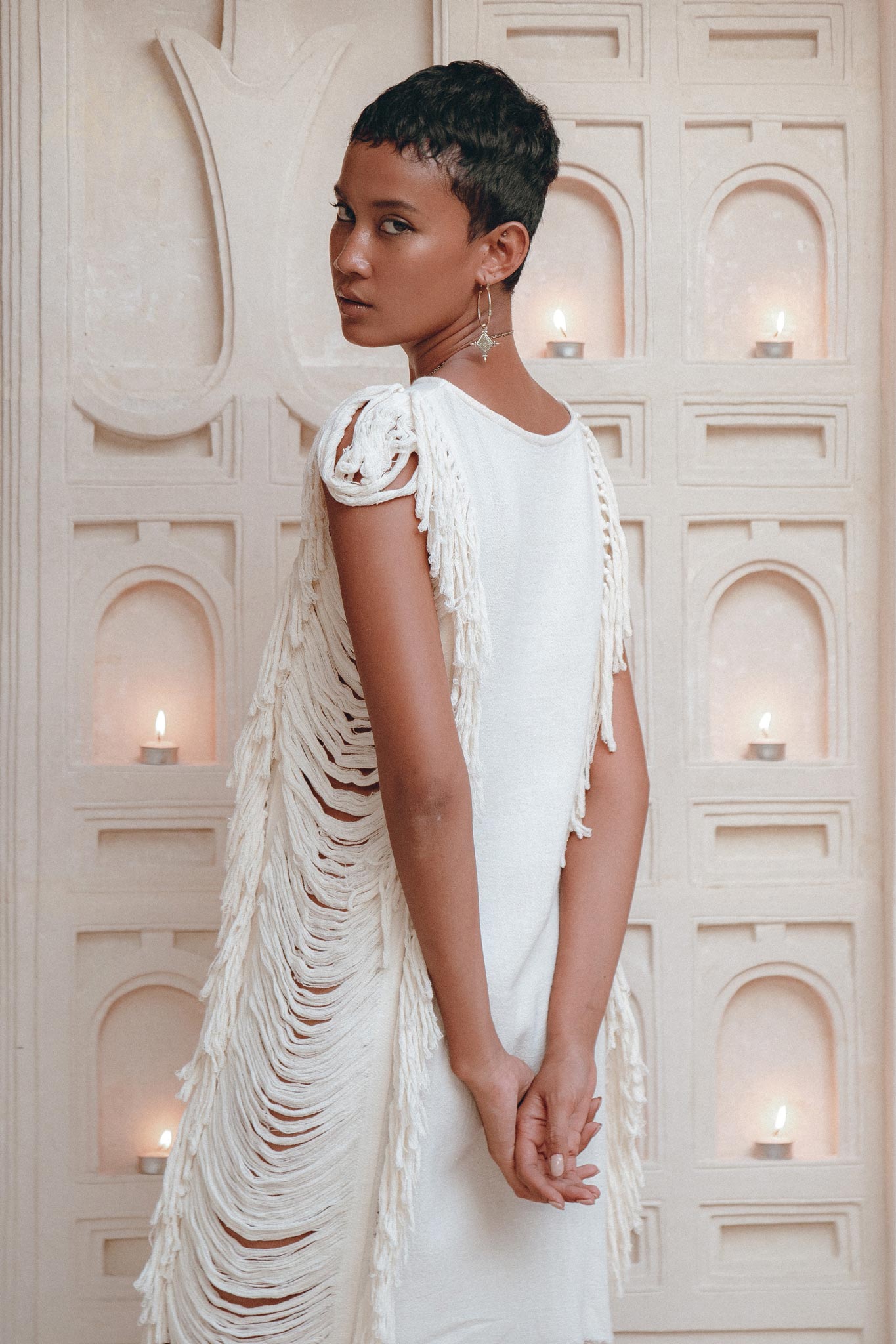 Off-White Mini Dress, Sleeveless Open Sides Dress, Ladders Sides Dress - AYA Sacred Wear