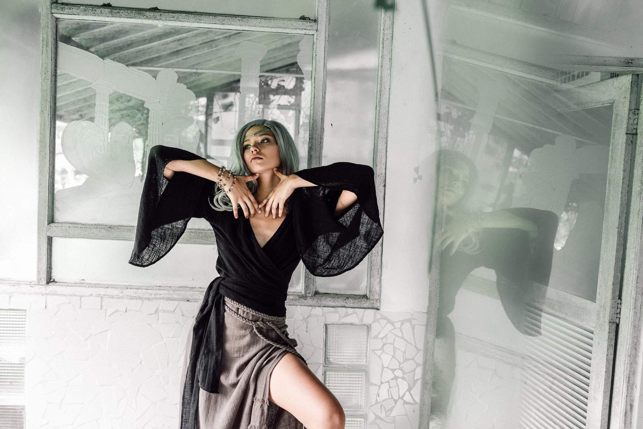 Black Kimono Cover-up Tunic with Bell Sleeves by AYA Sacred Wear