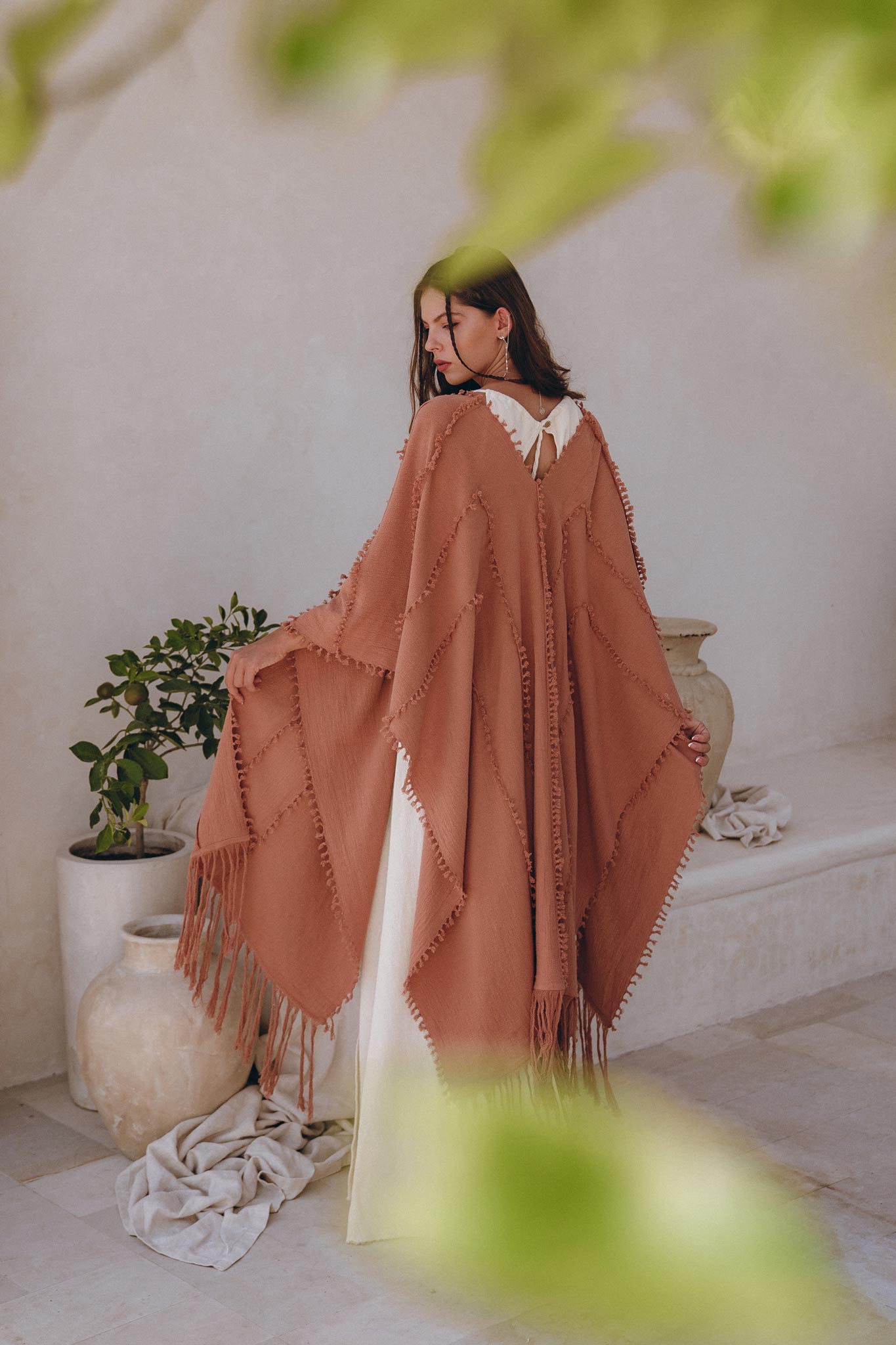 Dusty Pink Poncho Robe, Bridal Cover Up Women, Bohemian Kimono Overcoat - AYA Sacred Wear