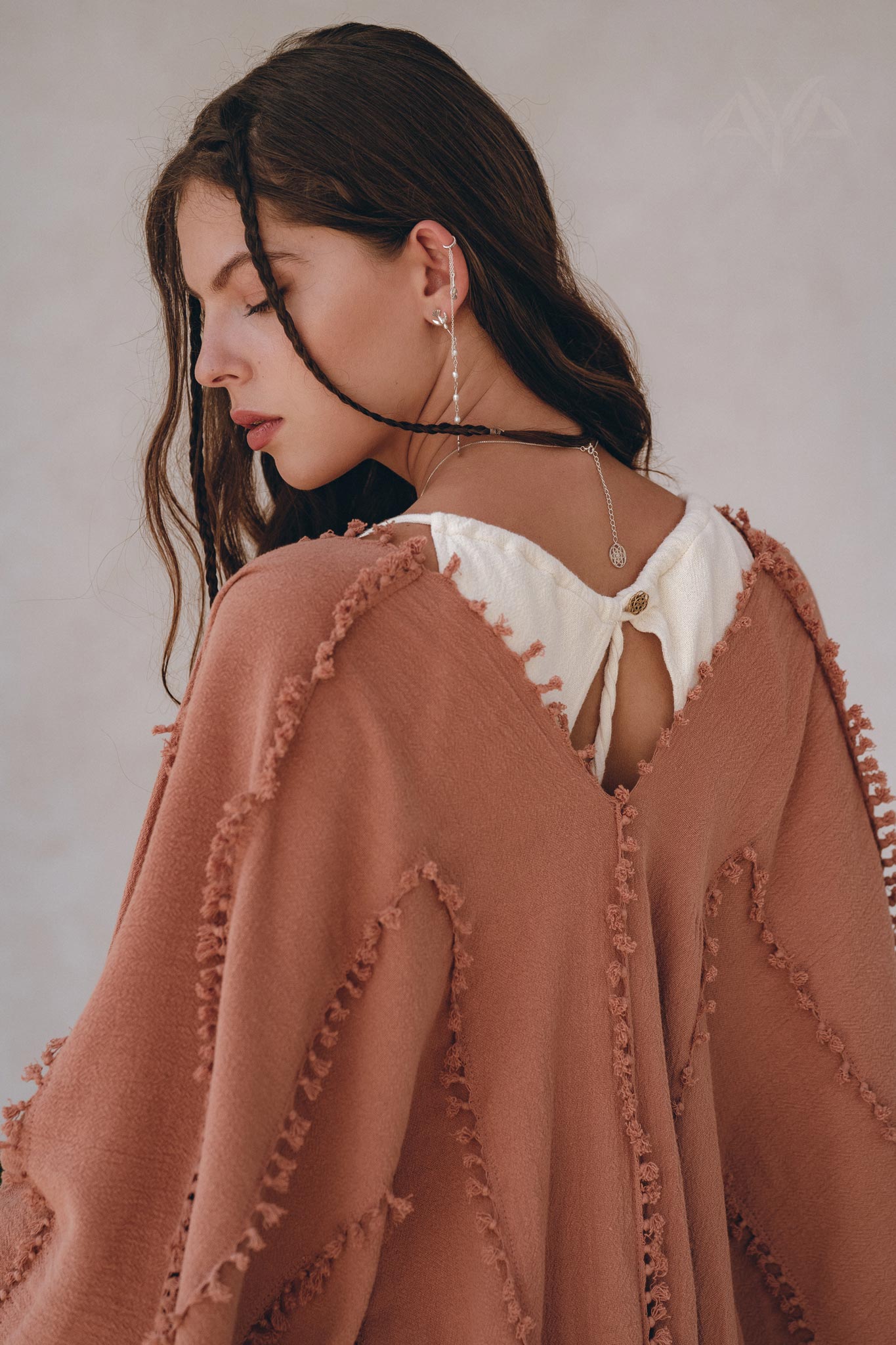 Dusty Pink Poncho Robe, Bridal Cover Up Women, Bohemian Kimono Overcoat - AYA Sacred Wear
