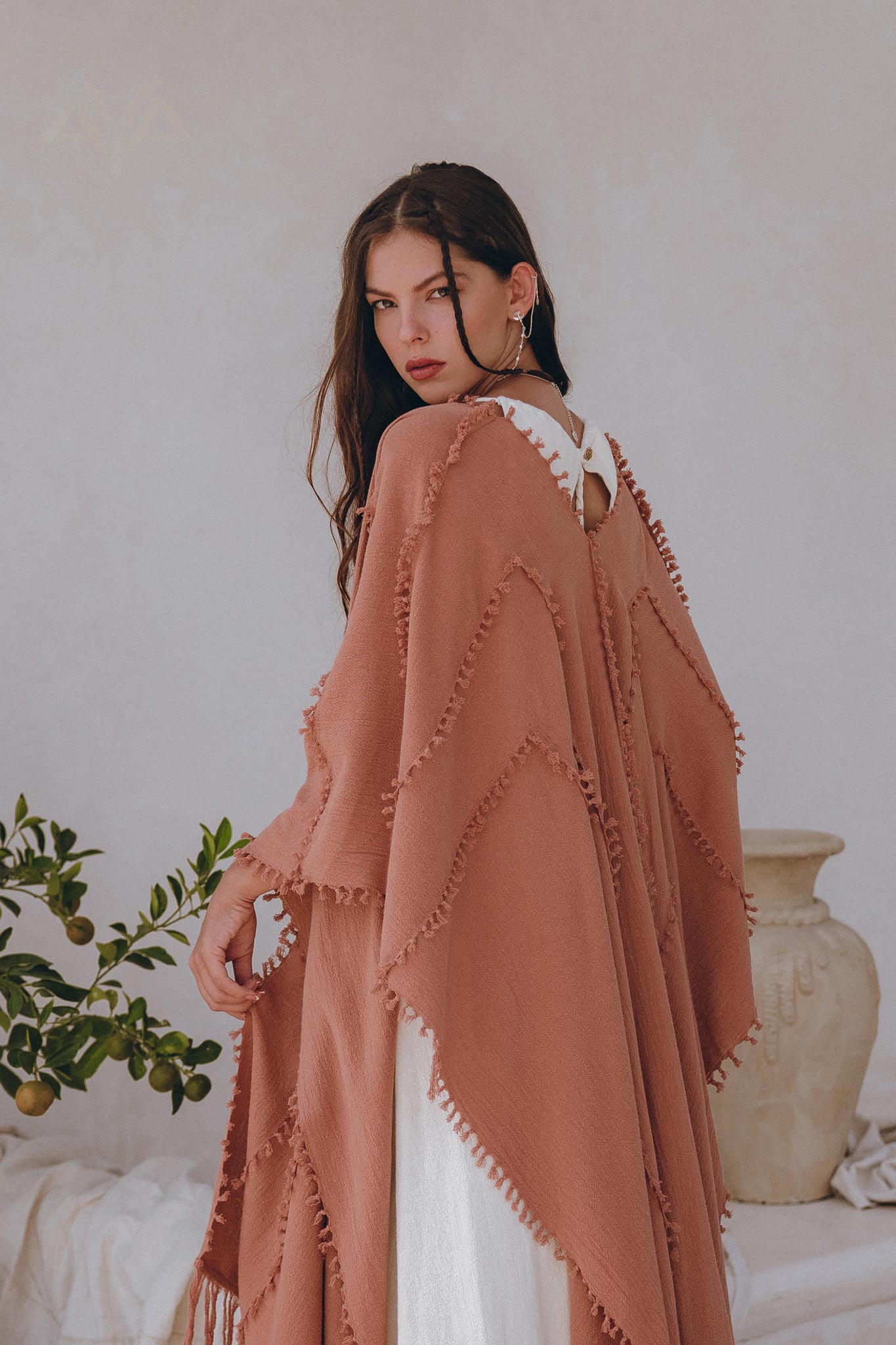 Dusty Pink Poncho Robe, Bridal Cover Up Women, Bohemian Kimono Overcoat - AYA Sacred Wear