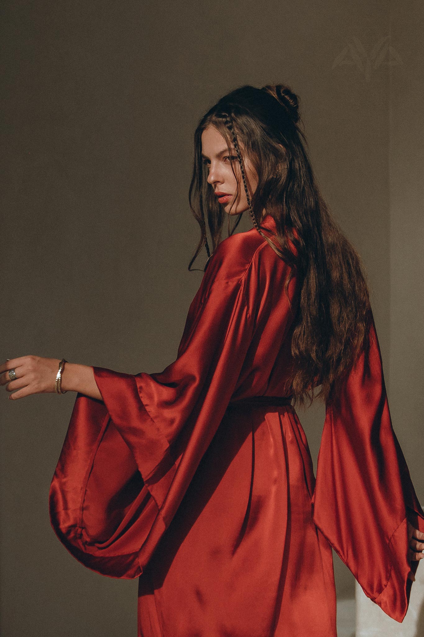 Wine Red Silk Boho Kimono Cover, Wide Sleeve Bohemian Kaftan Cardigan - AYA Sacred Wear