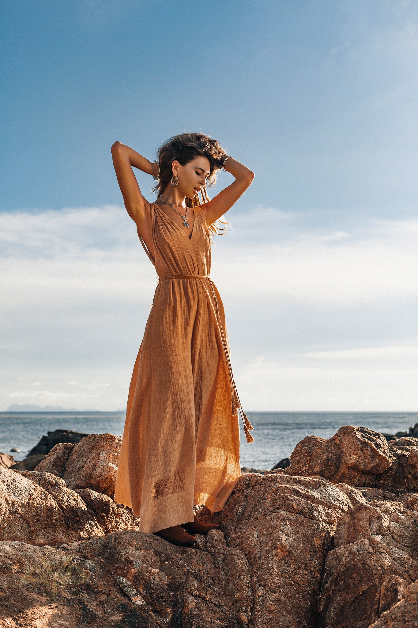 Boho Dress for Woman, Long Maxi Bohemian Dress, Beige Sandal Organic Dress - AYA Sacred Wear