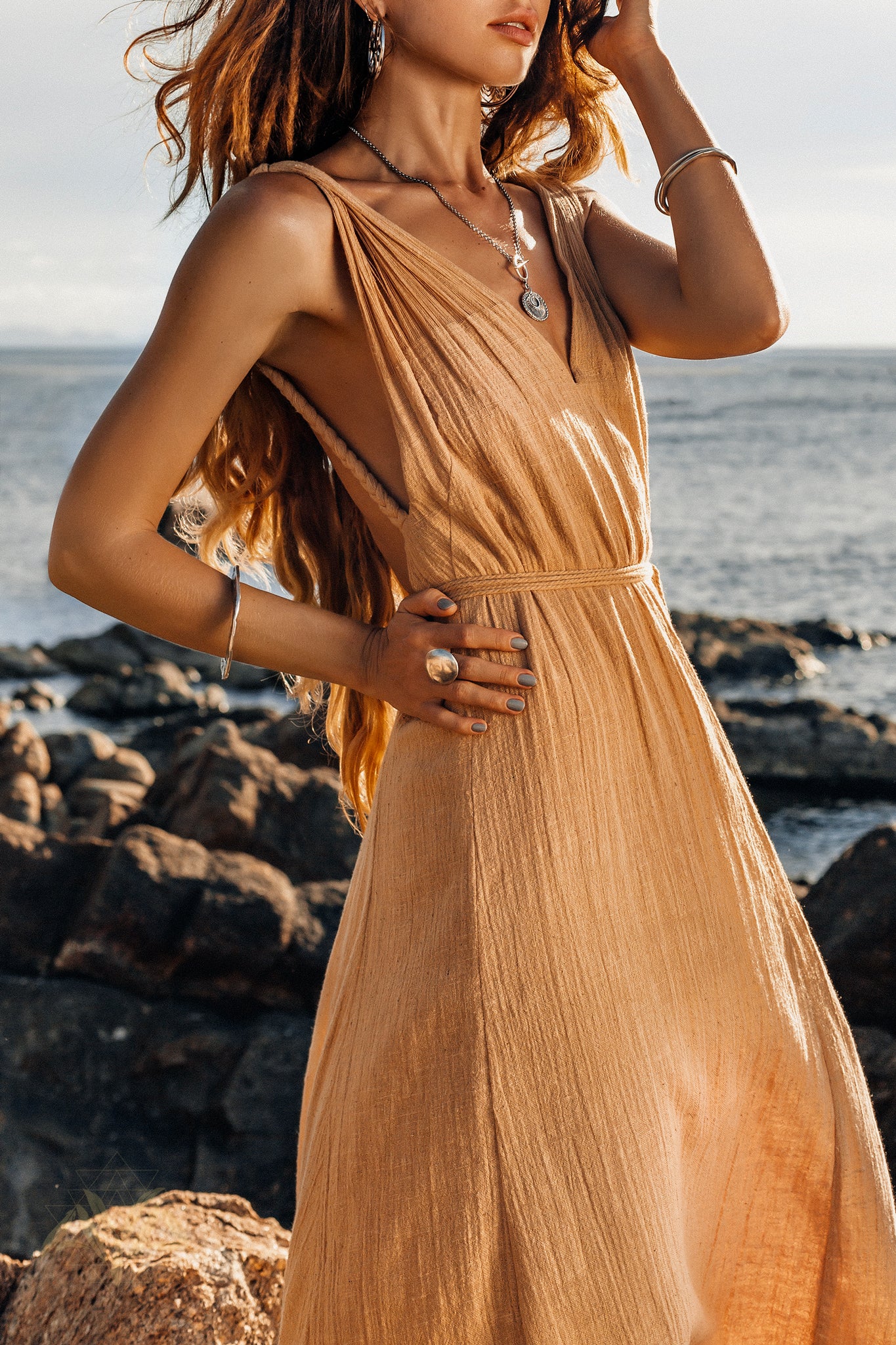 Boho Dress for Woman, Long Maxi Bohemian Dress, Beige Sandal Organic Dress - AYA Sacred Wear