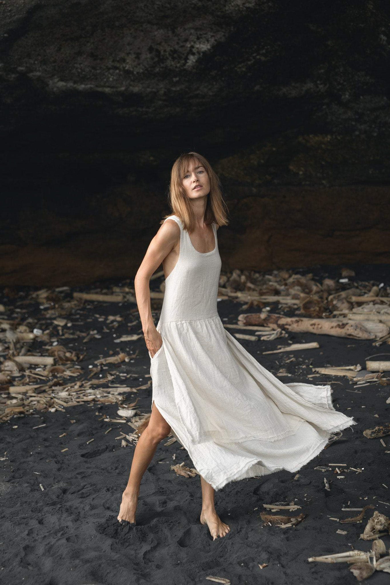 White Boho Dress for Women, Simple Wedding Dress With Pockets - AYA Sacred Wear