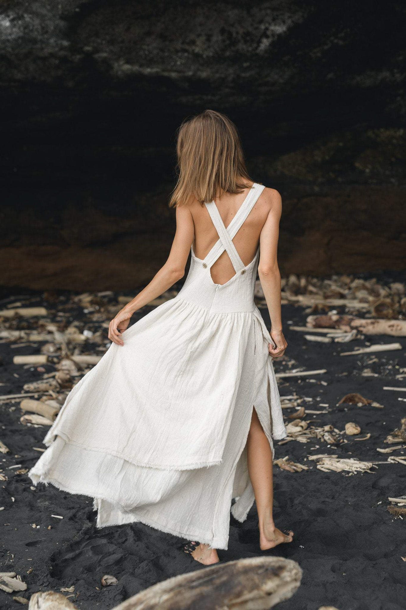 White Boho Dress for Women, Simple Wedding Dress With Pockets - AYA Sacred Wear