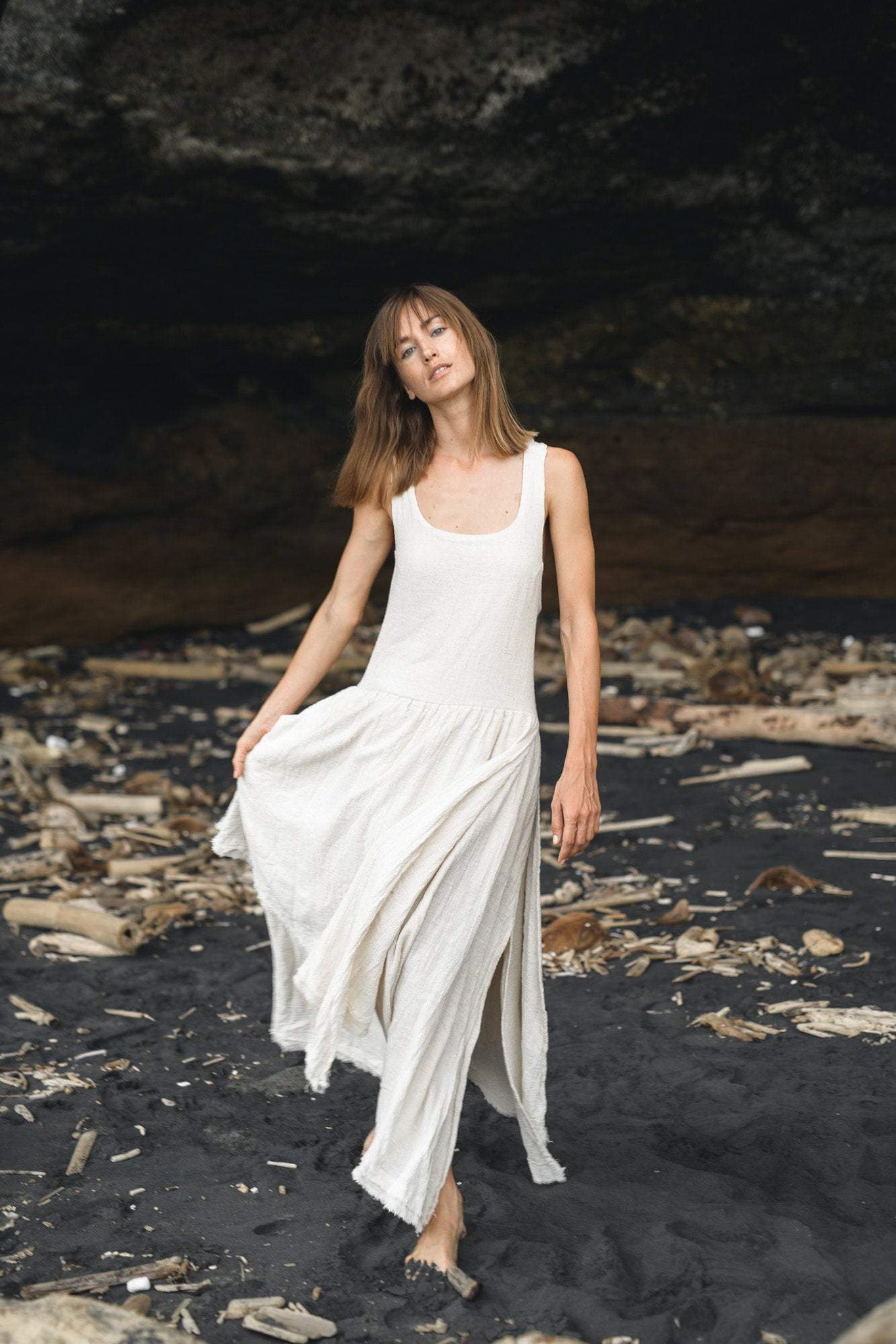 White Boho Dress for Women, Simple Wedding Dress With Pockets - AYA Sacred Wear