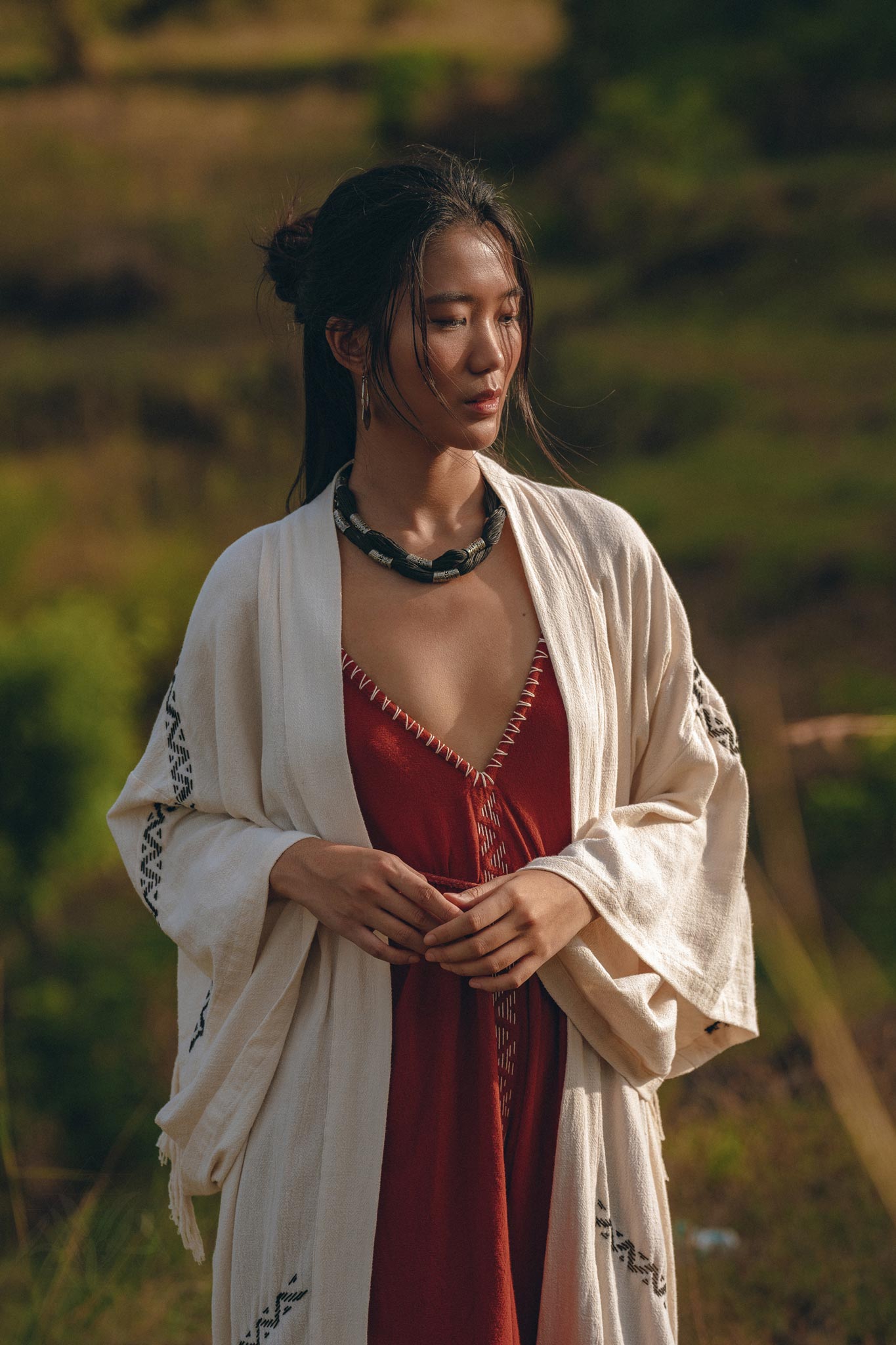 Off-White Organic Cotton Cardigan, Hand Embroidered Boho Overcoat Robe - AYA Sacred Wear