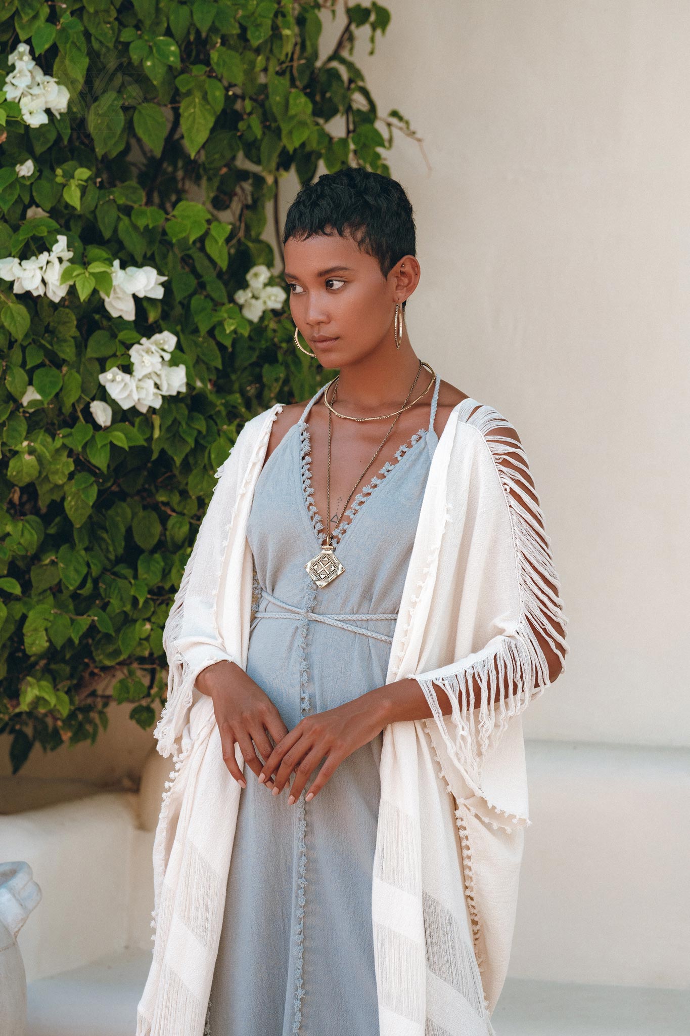 Off-White Cotton Poncho Cape, Organic Tribal Kimono Cover Up - AYA Sacred Wear