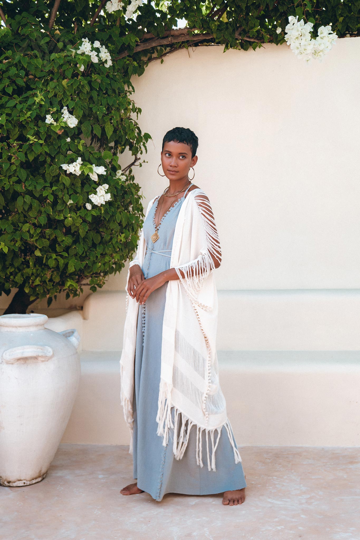 Off-White Cotton Poncho Cape, Organic Tribal Kimono Cover Up - AYA Sacred Wear