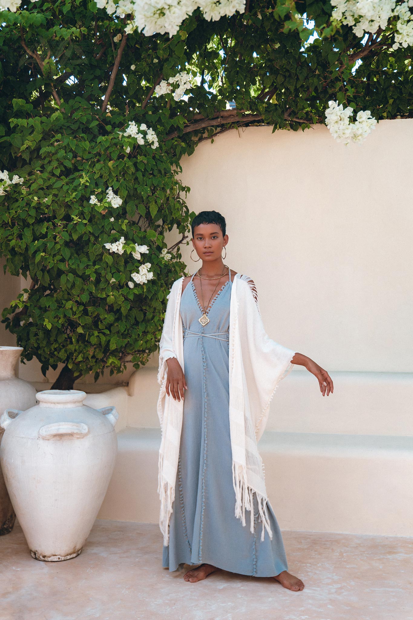 Off-White Cotton Poncho Cape, Organic Tribal Kimono Cover Up - AYA Sacred Wear