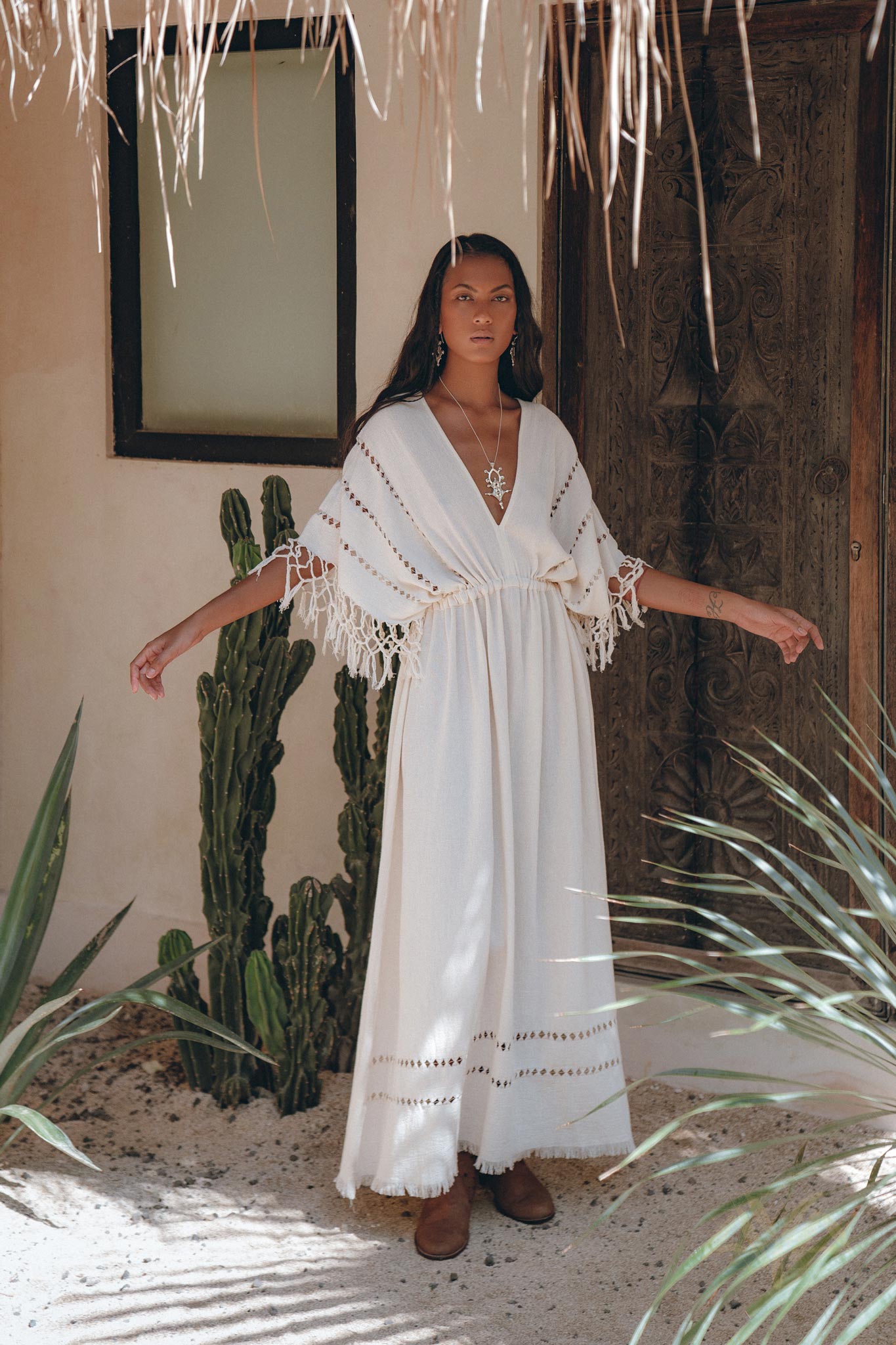 Off-White Boho Dress, Boho Goddess Dress, Maxi Bridesmaid Dress - AYA Sacred Wear