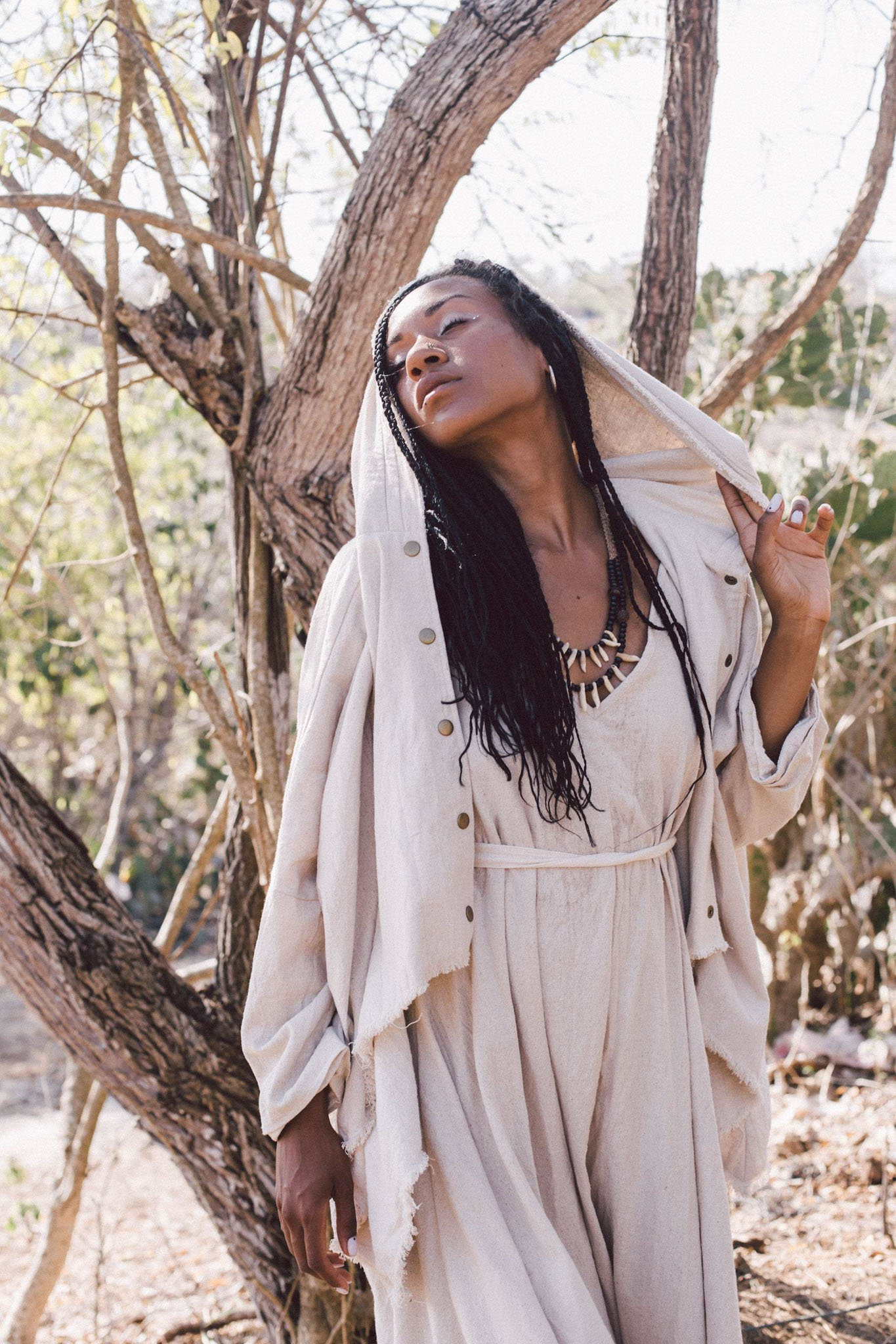 Off-White Cotton Warm Jacket with Hood Bohemian Style - AYA sacred wear