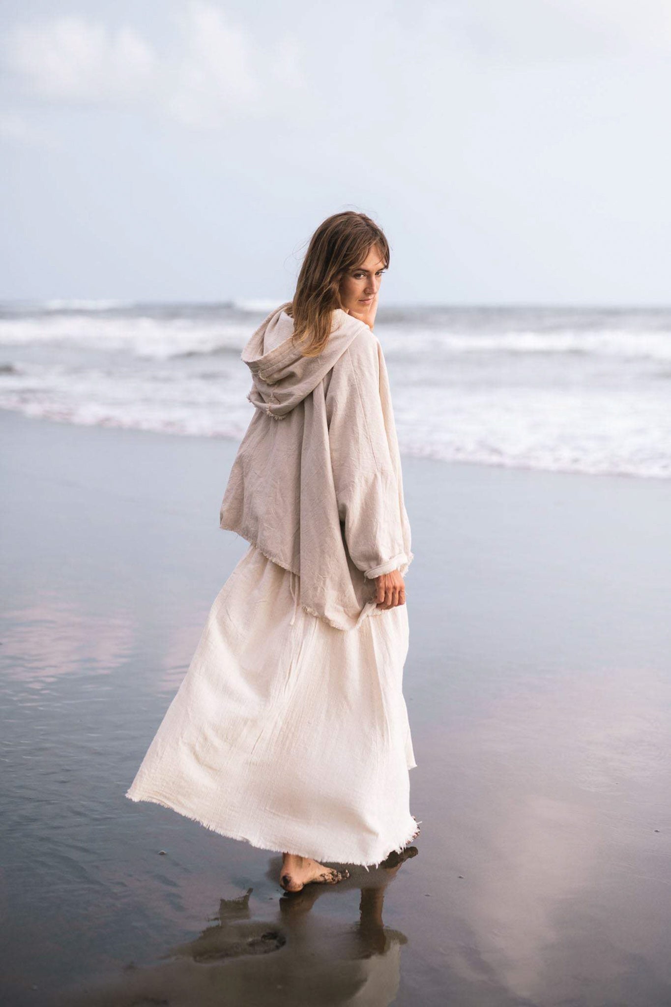 Off-White Cotton Warm Jacket with Hood Bohemian Style - AYA sacred wear