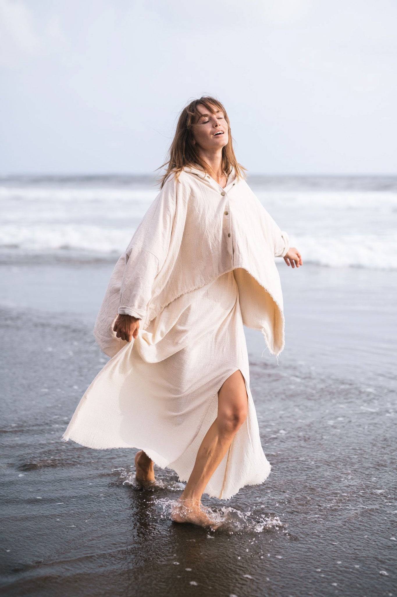 Off-White Cotton Warm Jacket with Hood Bohemian Style - AYA sacred wear