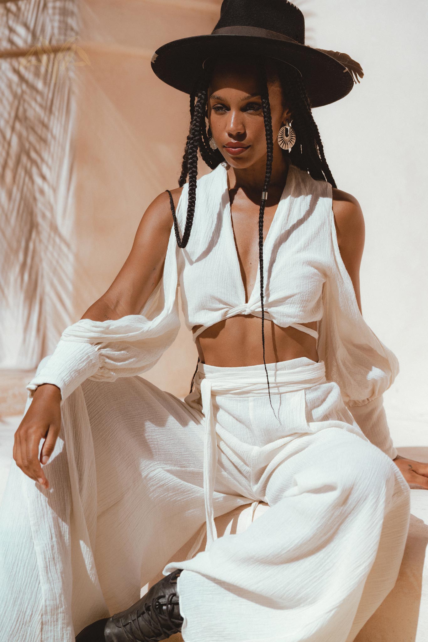 Stand out with Aya Sacred Wear's Off-White Boho Set Top & Pants.