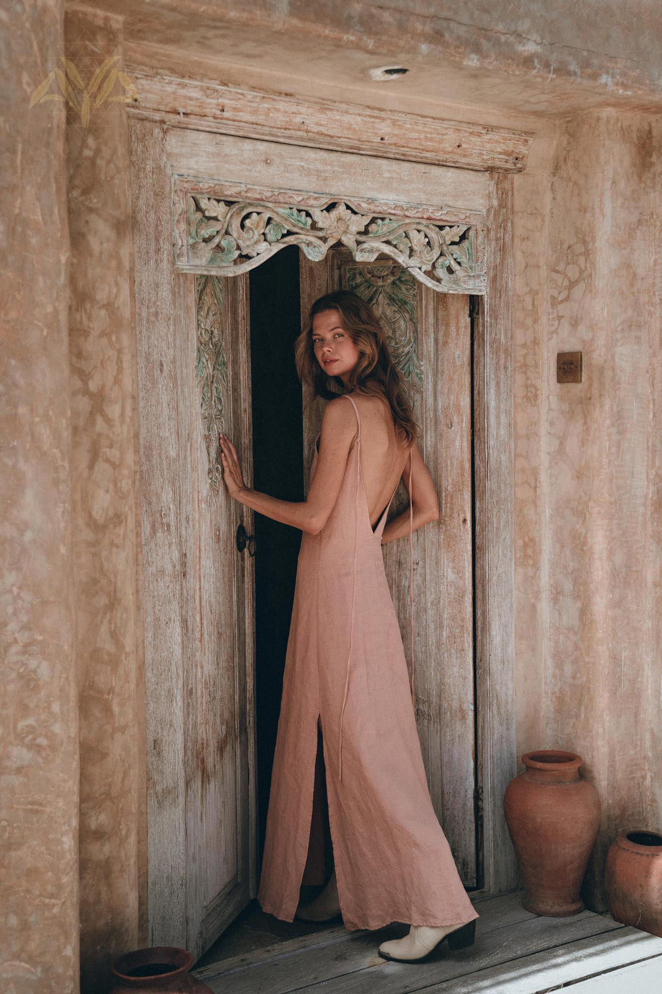 Linen Boho Bridesmaid Dress, Pink Linen Bohemian Slip Dress - AYA Sacred Wear