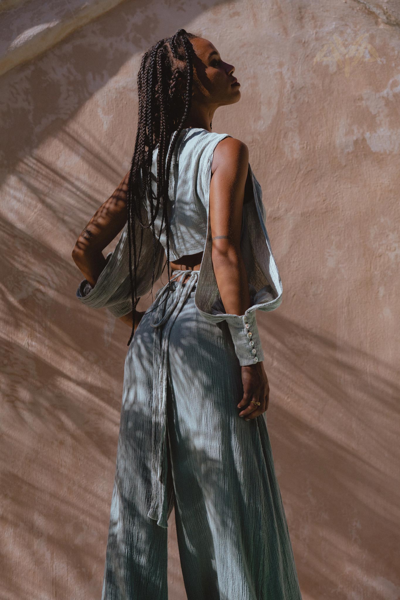 Update your wardrobe with Aya Sacred Wear's Powder Blue Top and Trousers for women. Get your organic boho look today!