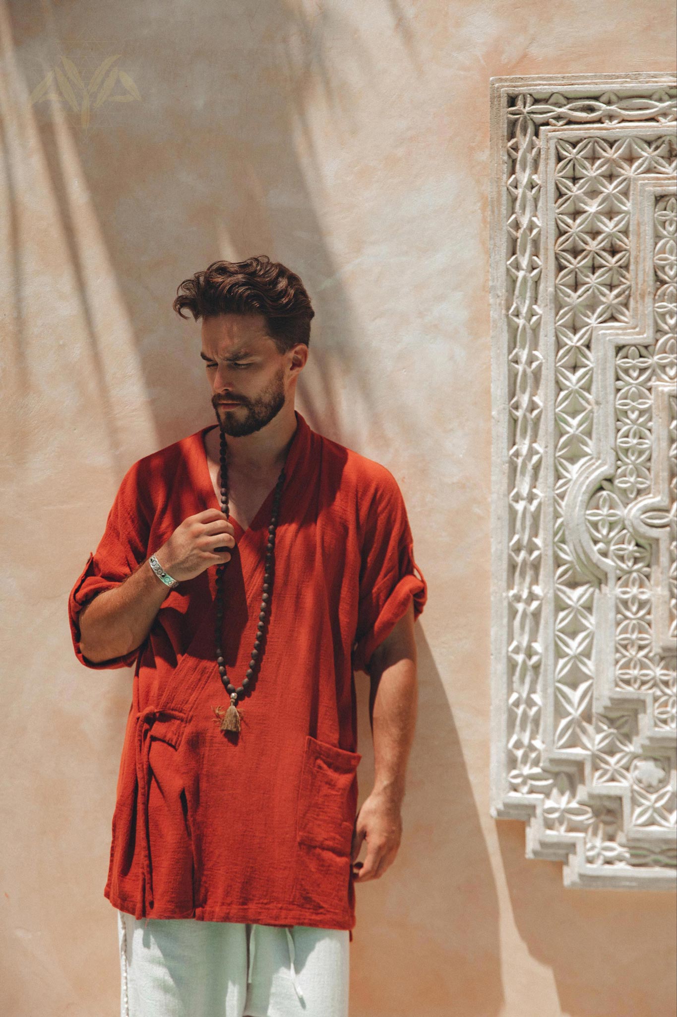 Red Tribal Kimono Robe for Men by AYA Sacred Wear