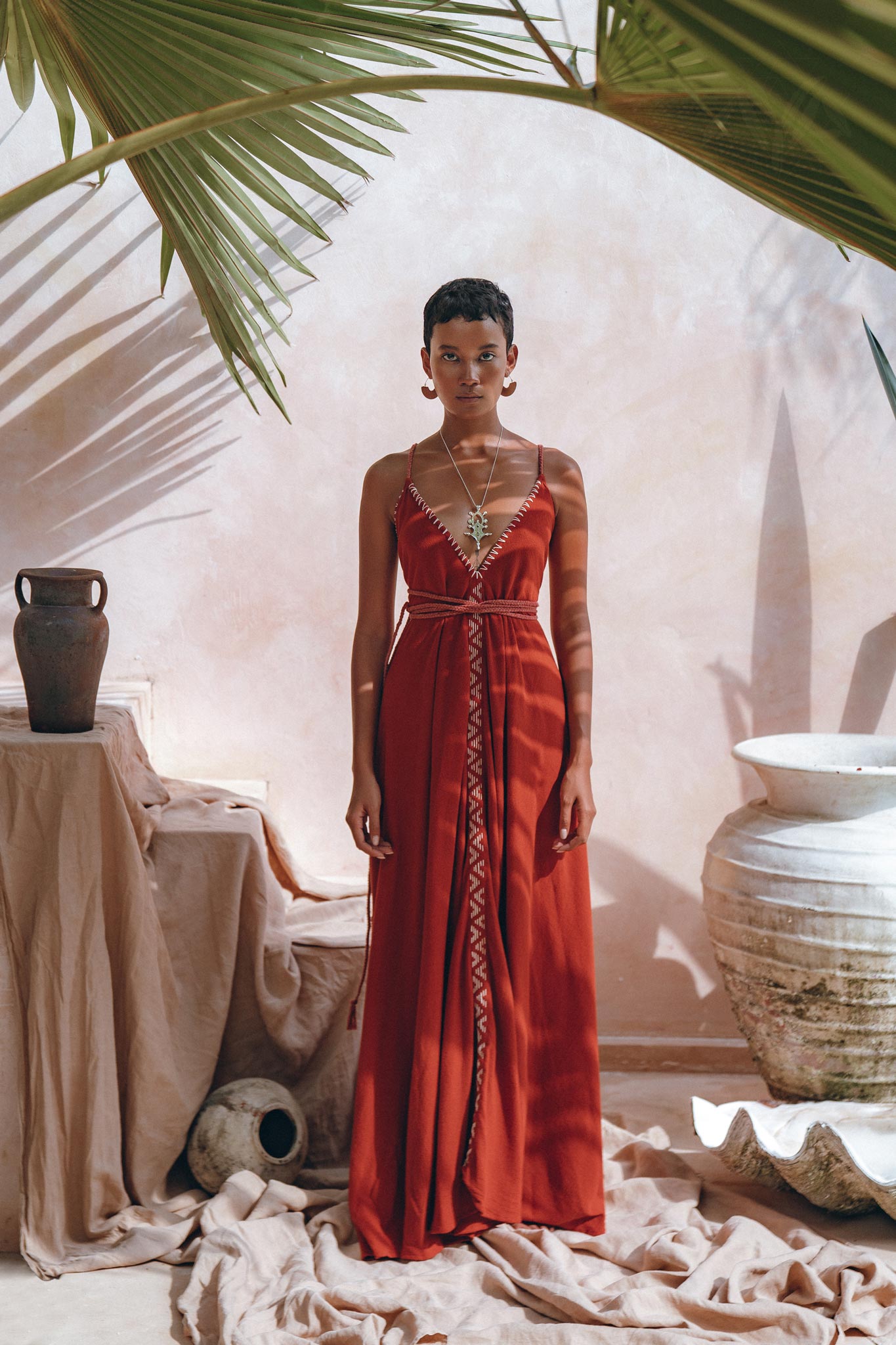 Organic Red Cotton Maxi Dress, Sleeveless Hand Embroidered Dress - AYA Sacred Wear