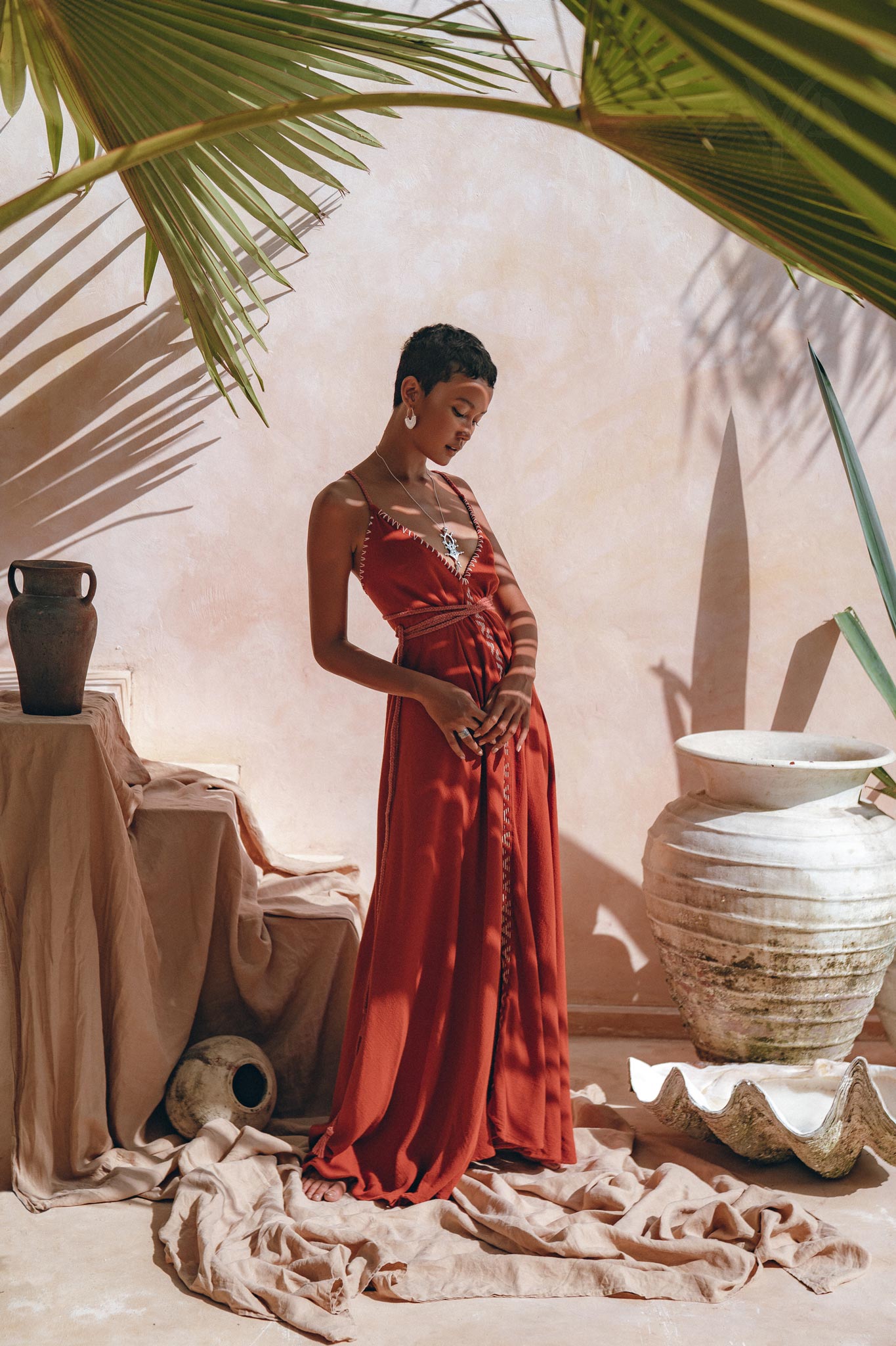 Organic Red Cotton Maxi Dress, Sleeveless Hand Embroidered Dress - AYA Sacred Wear