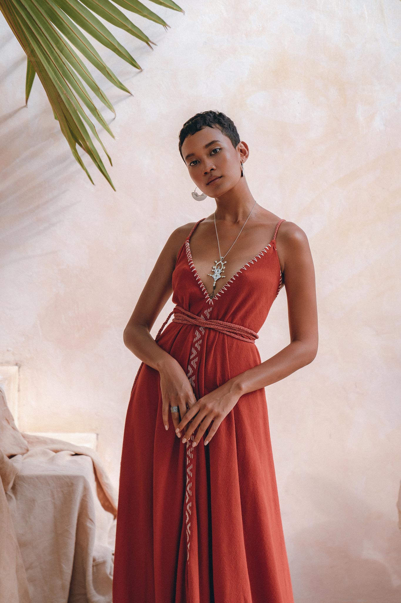 Organic Red Cotton Maxi Dress, Sleeveless Hand Embroidered Dress - AYA Sacred Wear